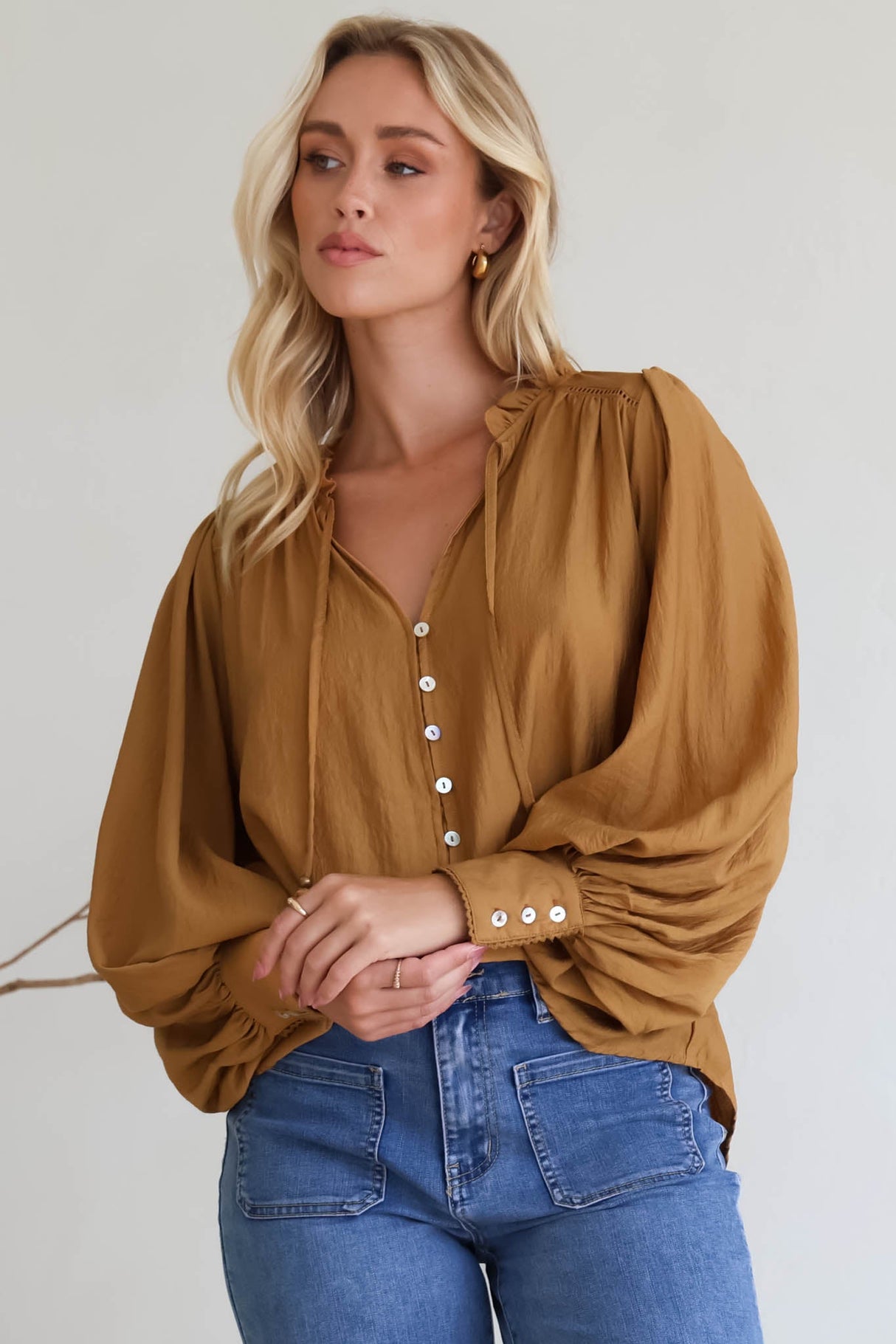Perrio Blouse - Frill Collar Button Down Balloon Sleeve Shirt in Tan