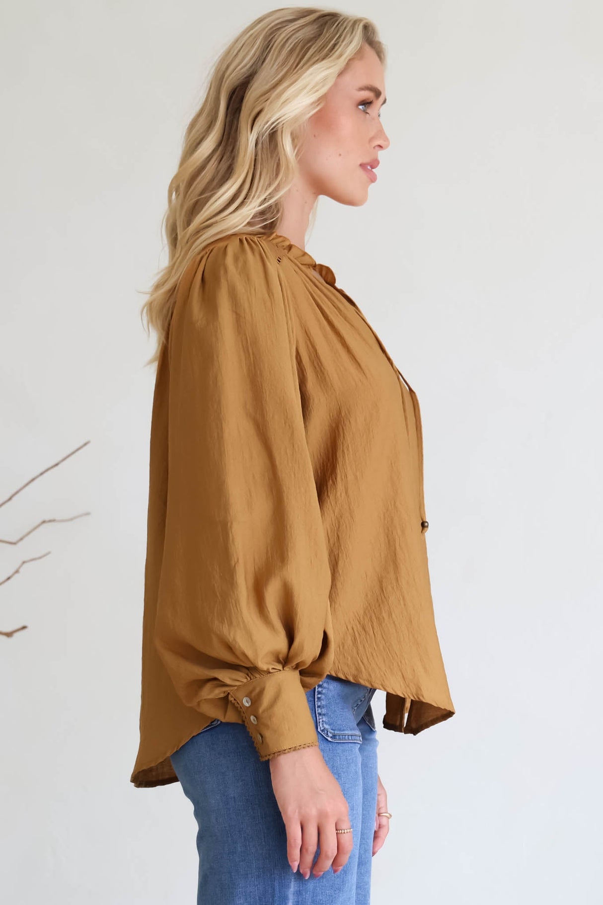 Perrio Blouse - Frill Collar Button Down Balloon Sleeve Shirt in Tan
