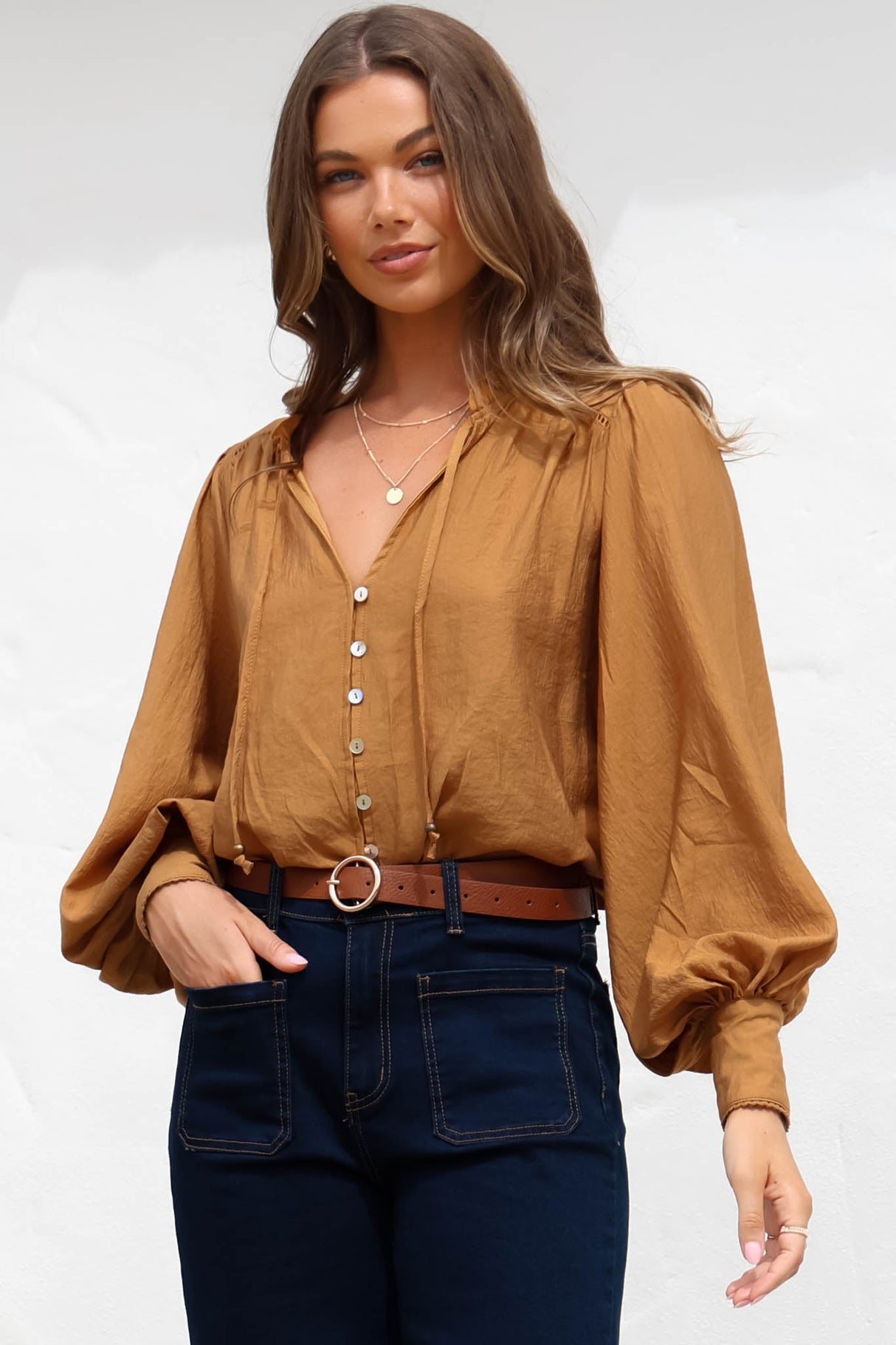 Perrio Blouse - Frill Collar Button Down Balloon Sleeve Shirt in Tan