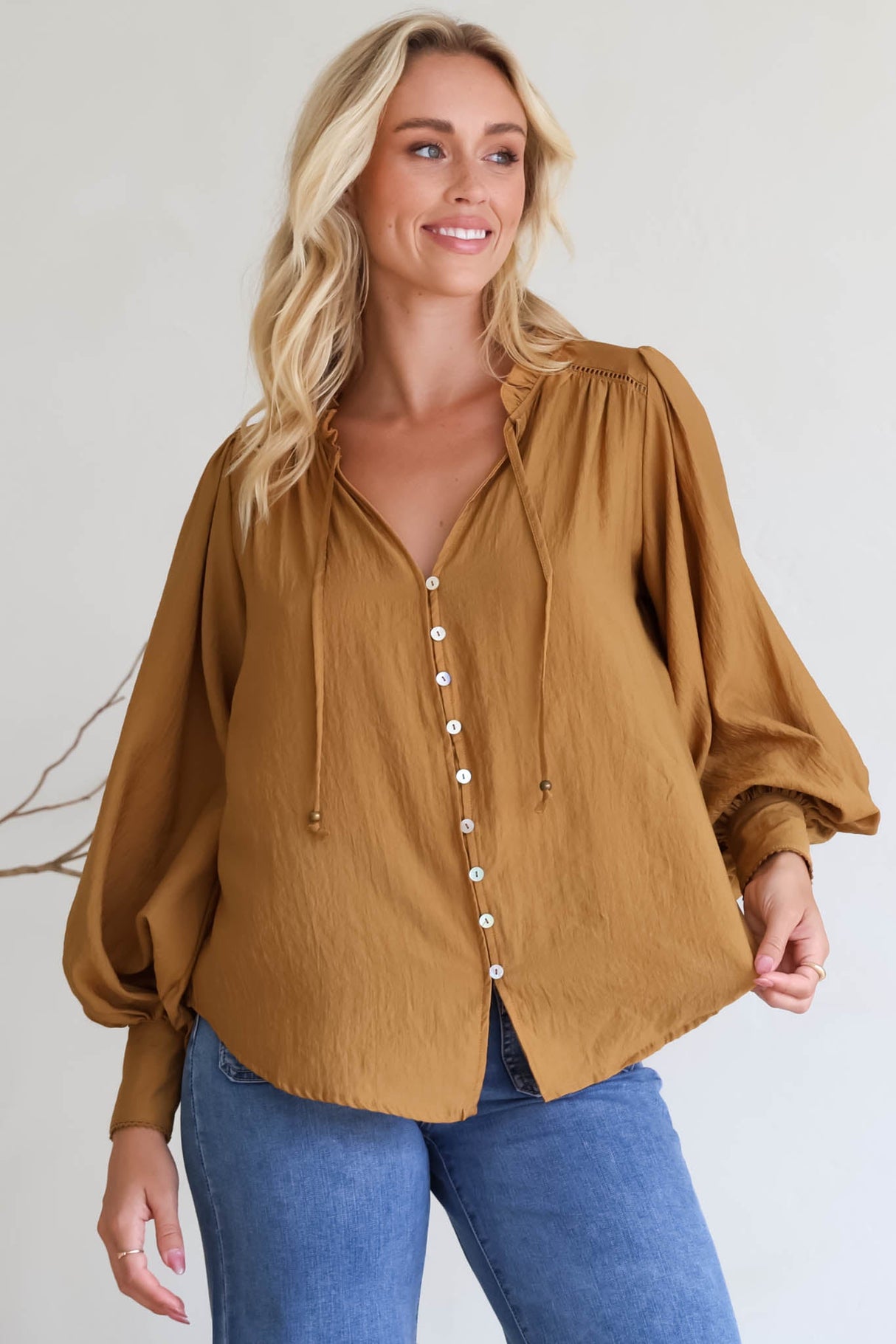 Perrio Blouse - Frill Collar Button Down Balloon Sleeve Shirt in Tan