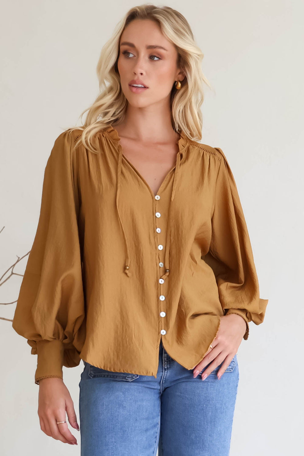 Perrio Blouse - Frill Collar Button Down Balloon Sleeve Shirt in Tan