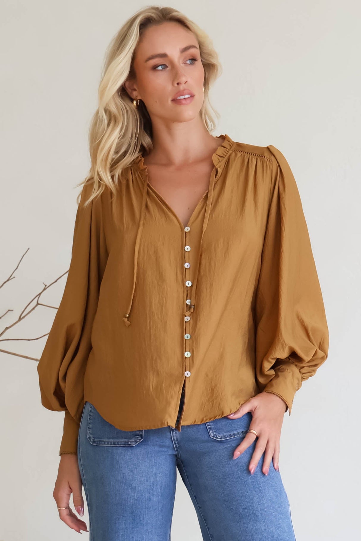 Perrio Blouse - Frill Collar Button Down Balloon Sleeve Shirt in Tan