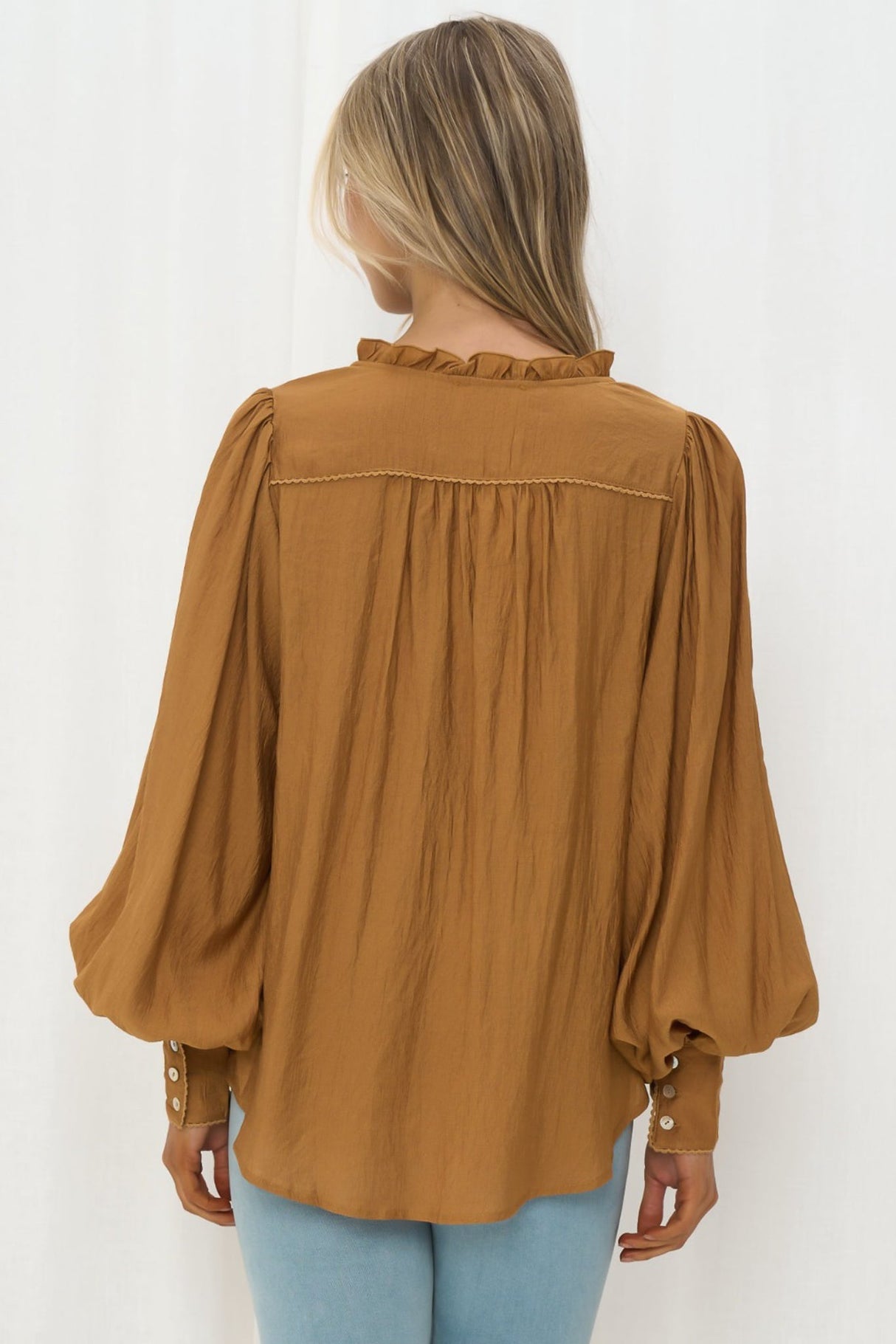 Perrio Blouse - Frill Collar Button Down Balloon Sleeve Shirt in Tan