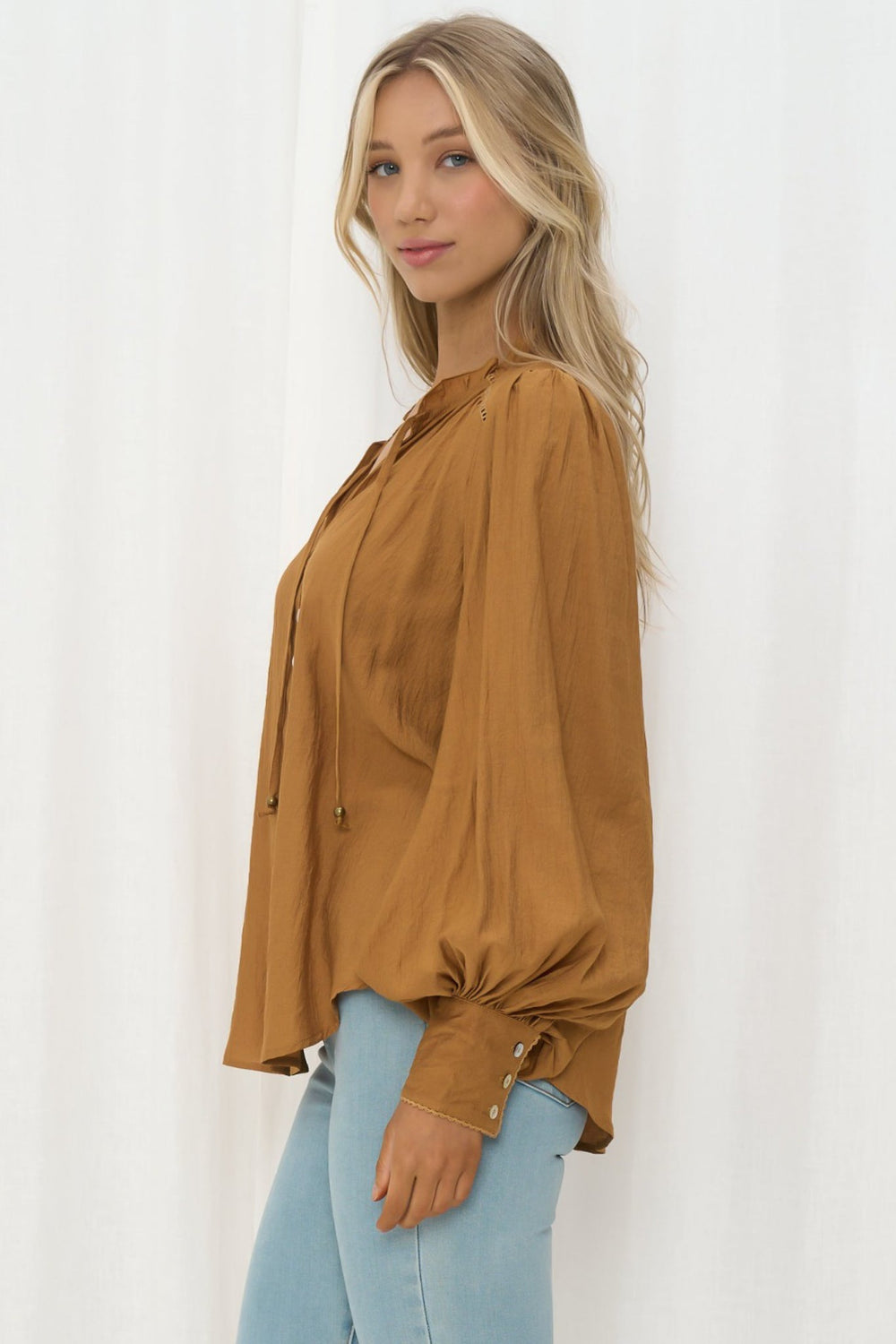 Perrio Blouse - Frill Collar Button Down Balloon Sleeve Shirt in Tan