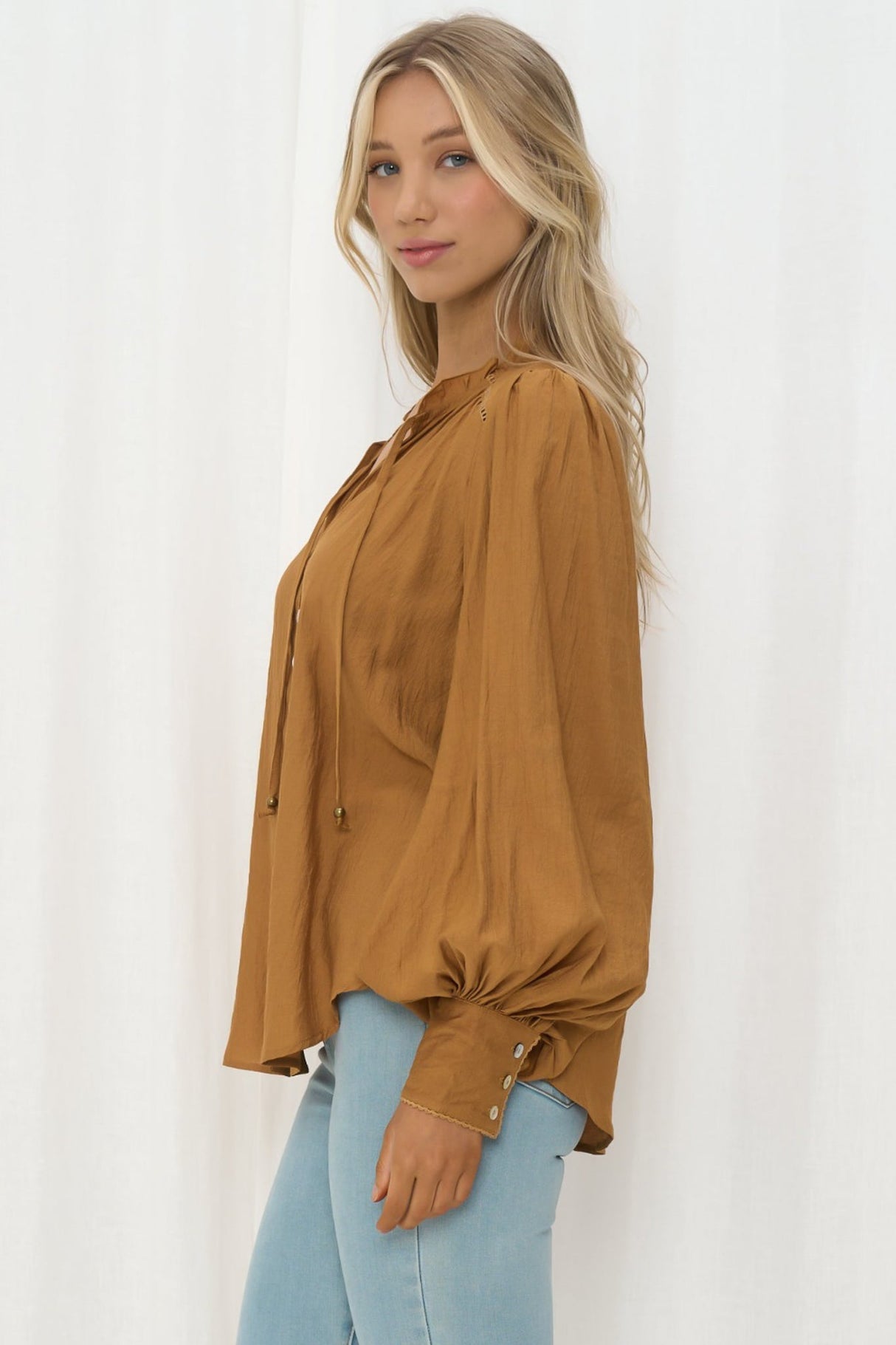 Perrio Blouse - Frill Collar Button Down Balloon Sleeve Shirt in Tan