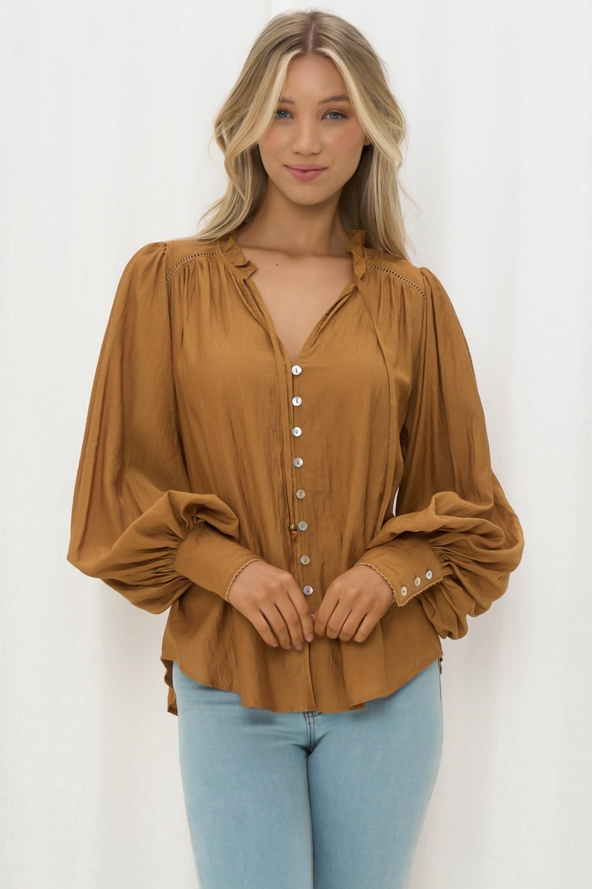 Perrio Blouse - Frill Collar Button Down Balloon Sleeve Shirt in Tan