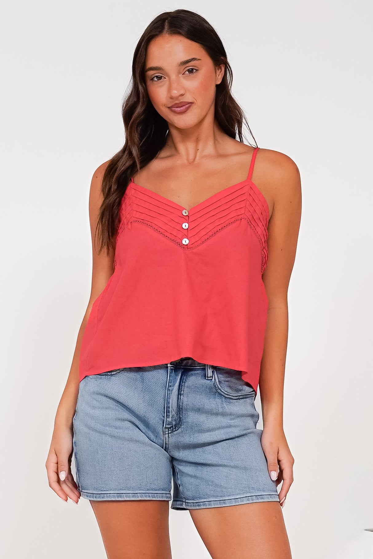 Petal Cami - Pleat V Neckline Tie Up Strap Top in Coral