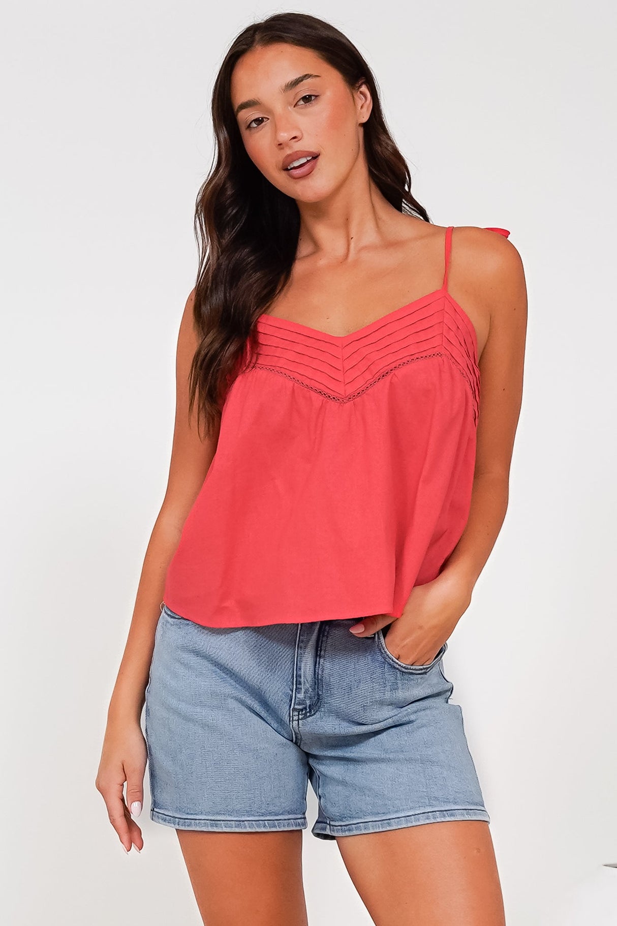 Petal Cami - Pleat V Neckline Tie Up Strap Top in Coral
