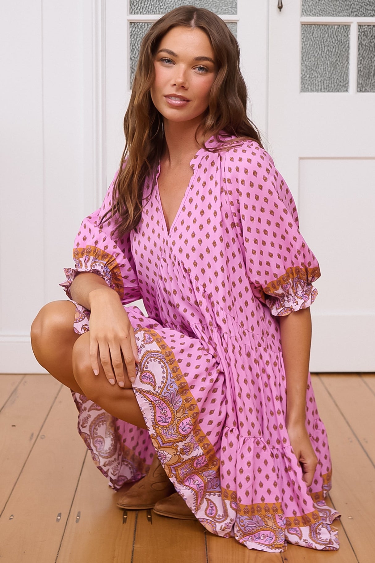 JAASE - Petal Mini Dress: Tiered Smock Dress in Venus Print