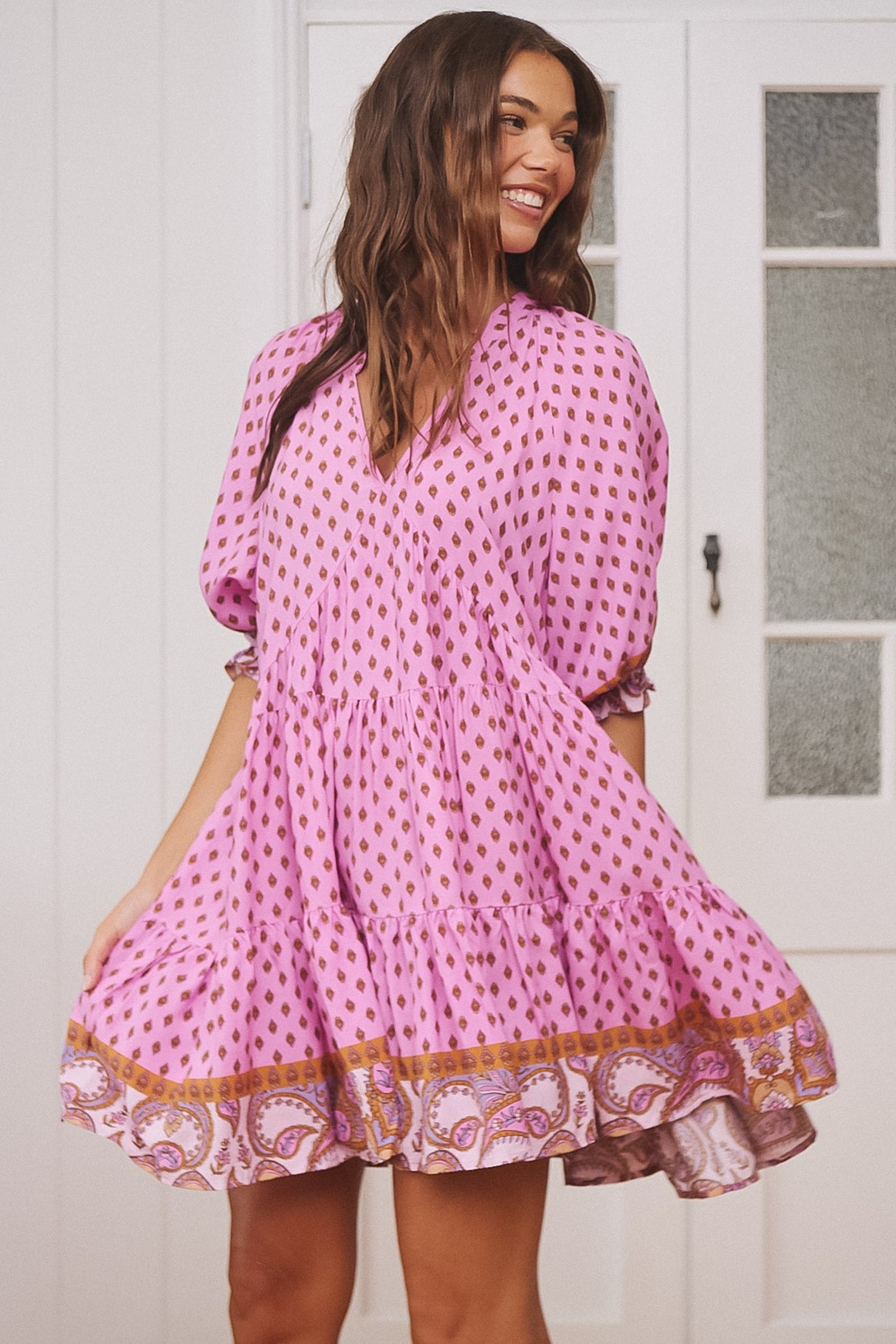 JAASE - Petal Mini Dress: Tiered Smock Dress in Venus Print