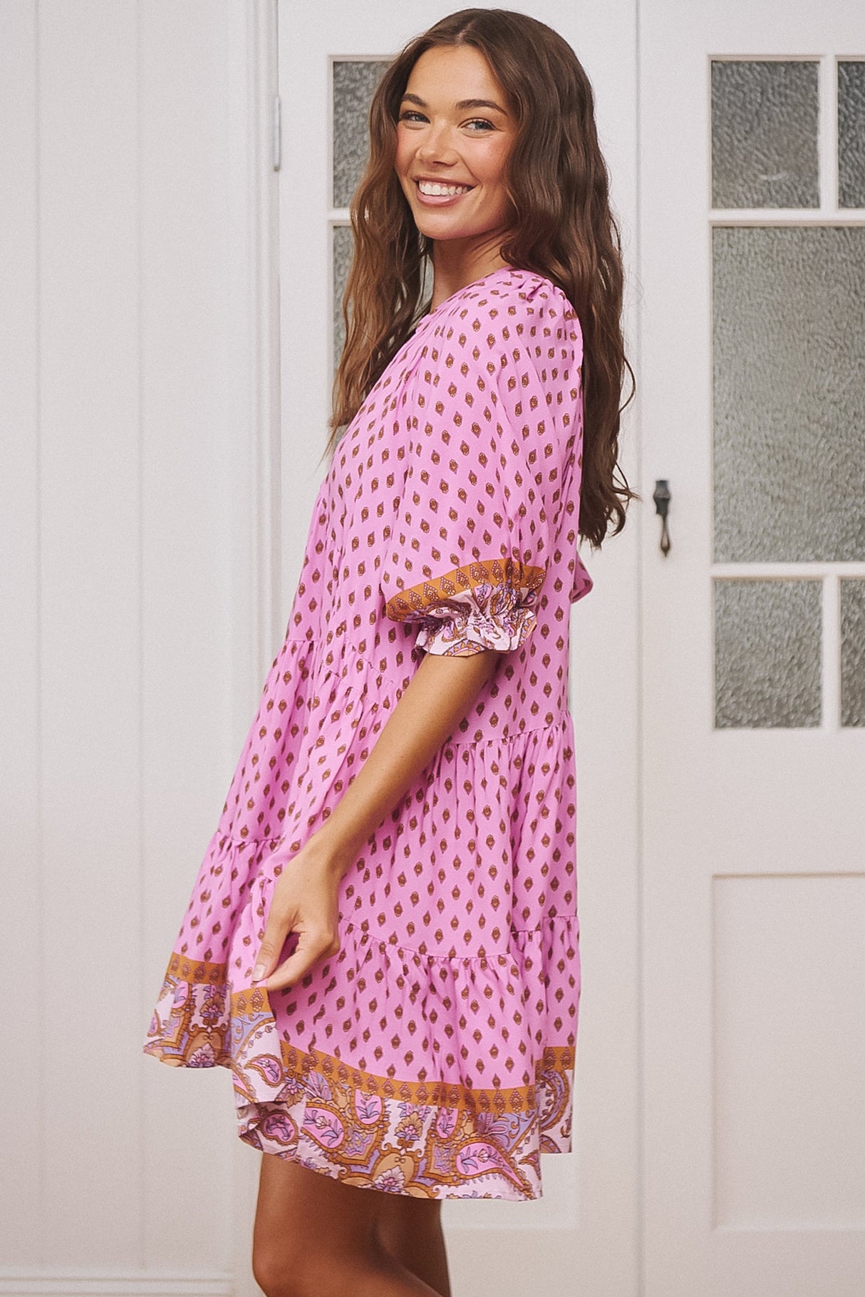 JAASE - Petal Mini Dress: Tiered Smock Dress in Venus Print