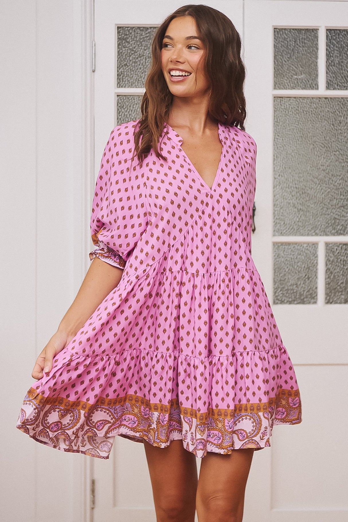 JAASE - Petal Mini Dress: Tiered Smock Dress in Venus Print