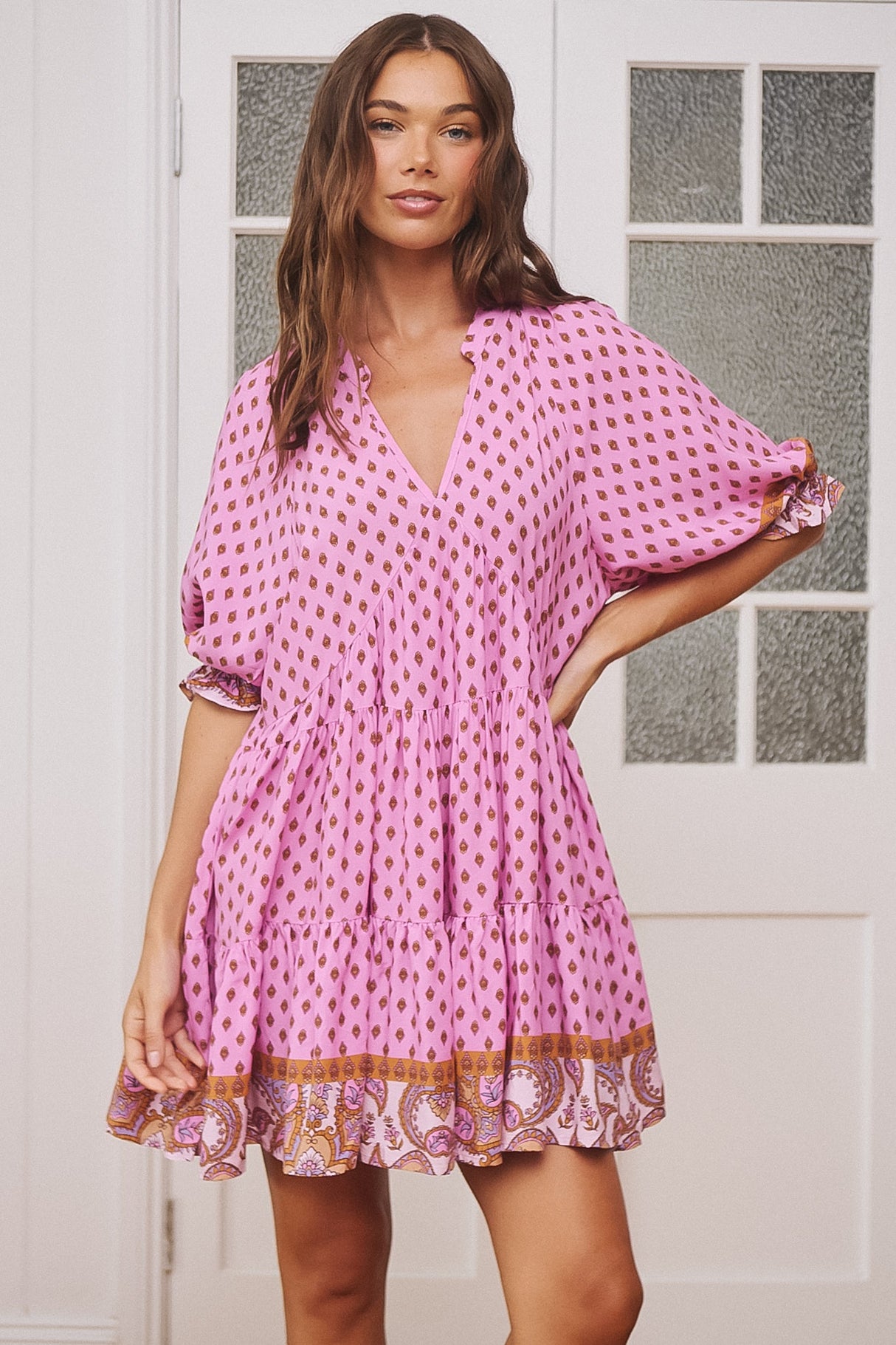 JAASE - Petal Mini Dress: Tiered Smock Dress in Venus Print