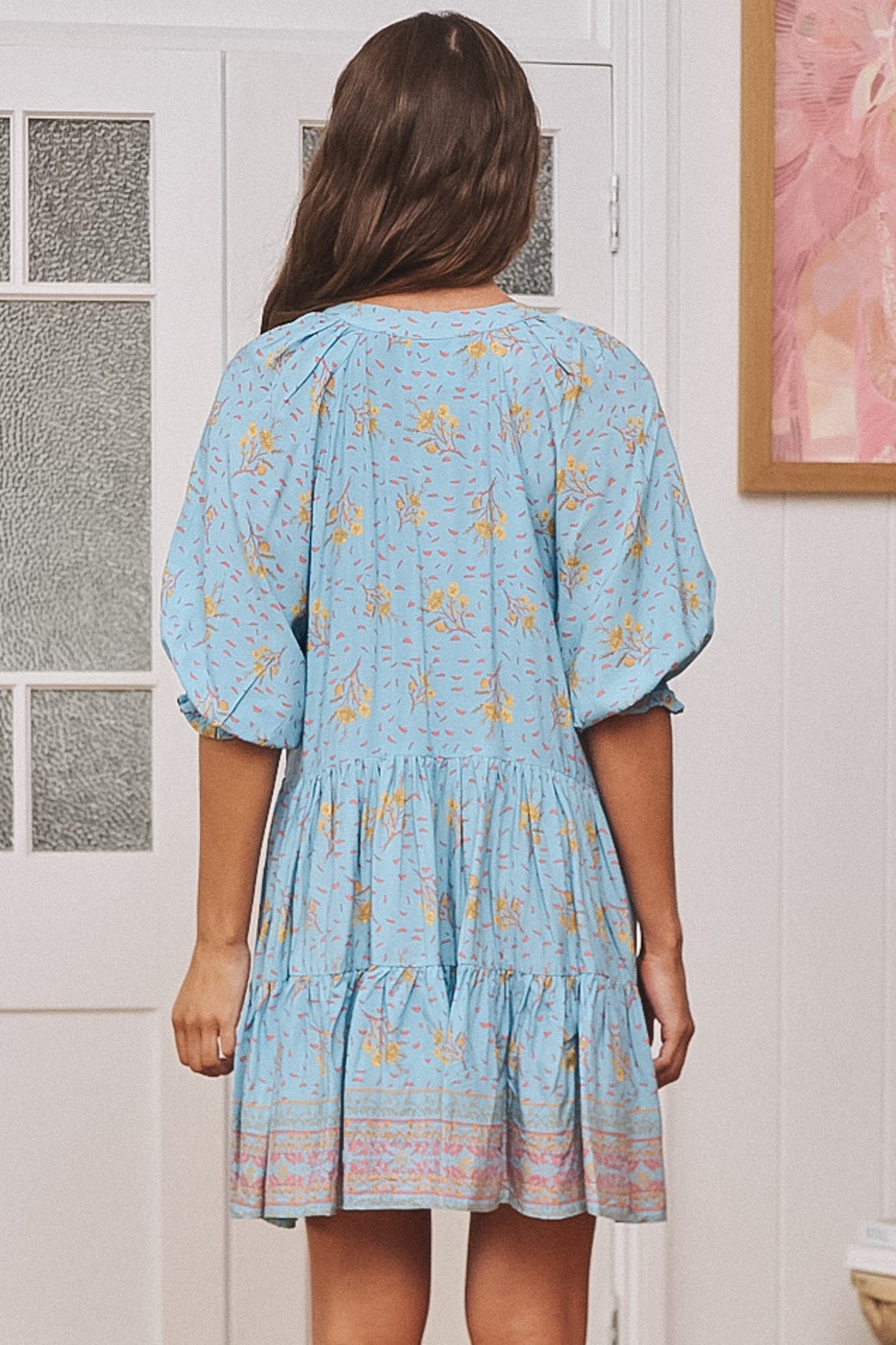 JAASE - Petal Mini Dress: Tiered Smock Dress in Laguna Fleur Print