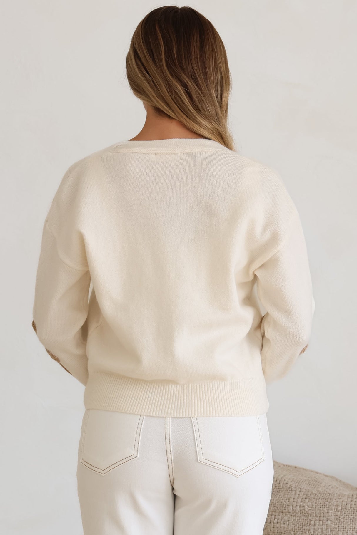 Pippa Cardigan - Cropped Thick Knit Cardigan with Flower Decals in Beige