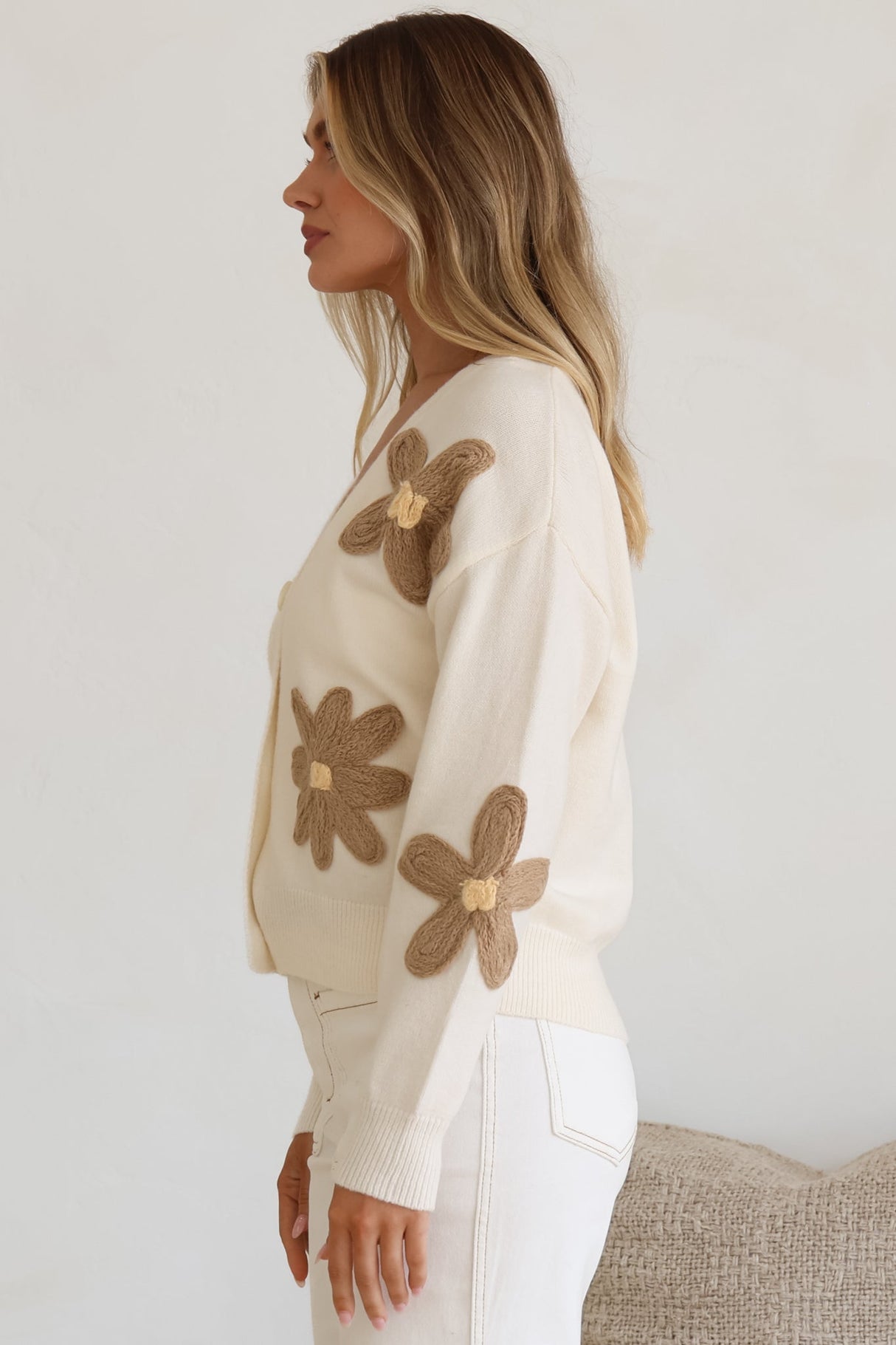 Pippa Cardigan - Cropped Thick Knit Cardigan with Flower Decals in Beige