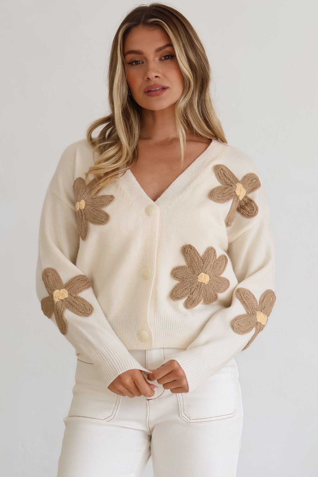 Pippa Cardigan - Cropped Thick Knit Cardigan with Flower Decals in Beige