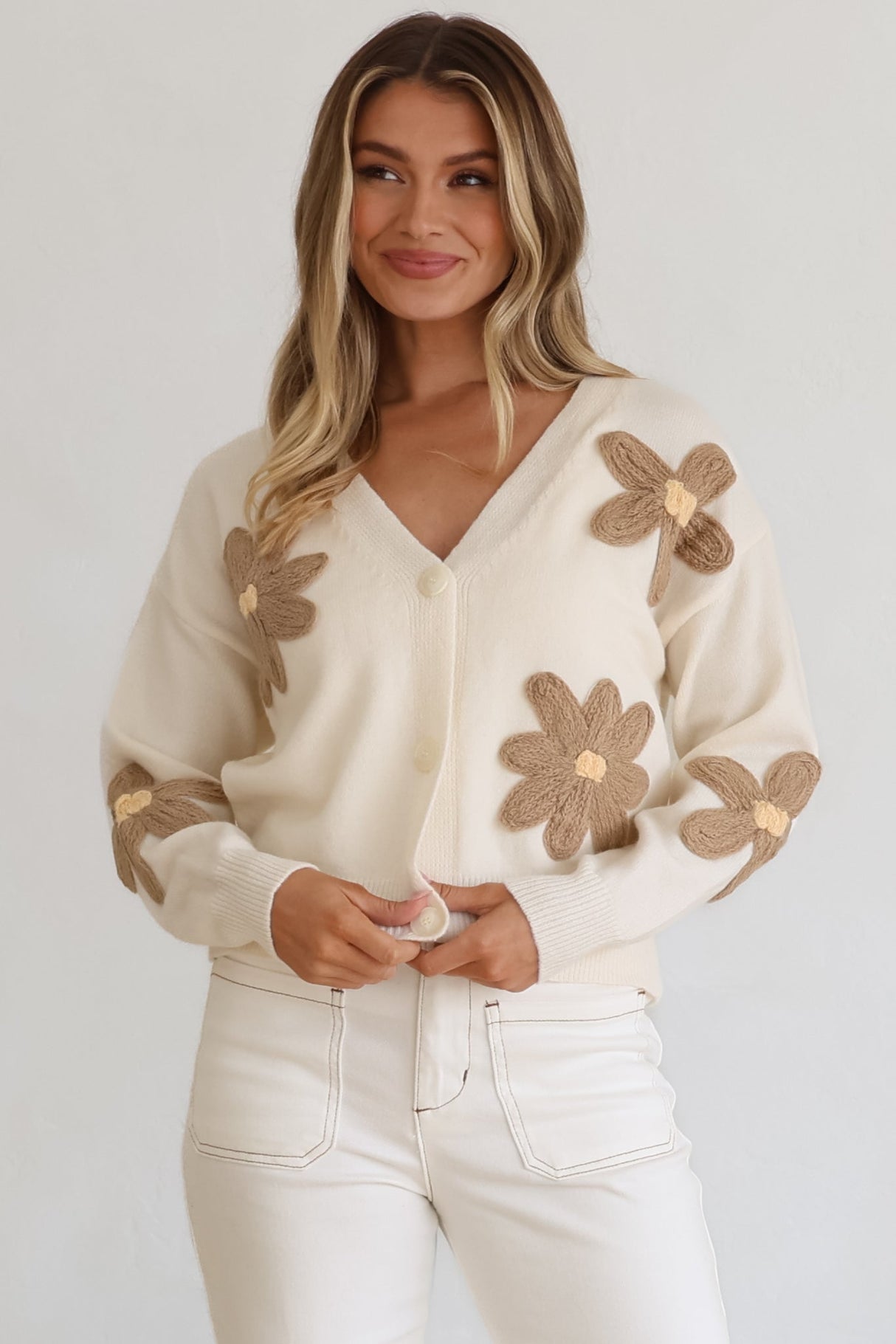 Pippa Cardigan - Cropped Thick Knit Cardigan with Flower Decals in Beige
