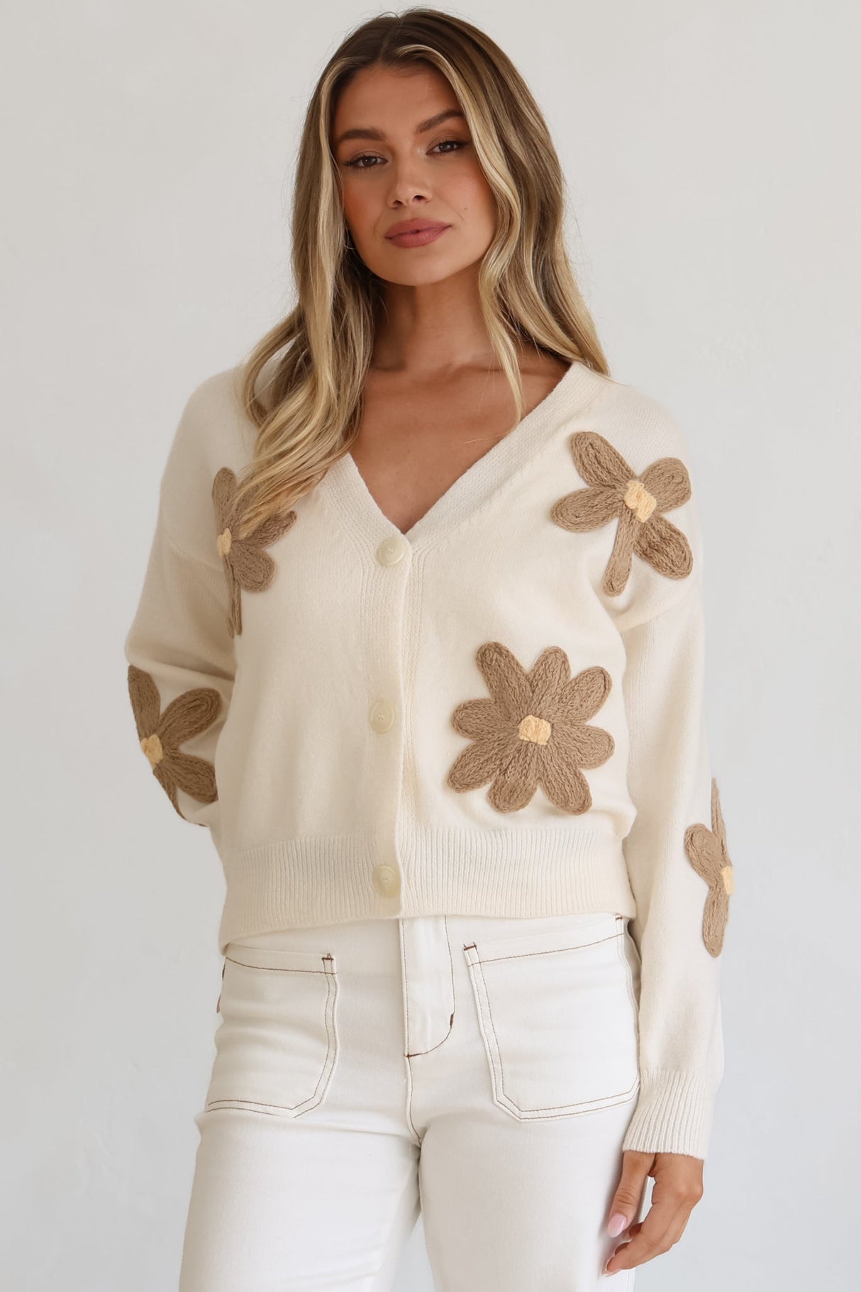 Pippa Cardigan - Cropped Thick Knit Cardigan with Flower Decals in Beige
