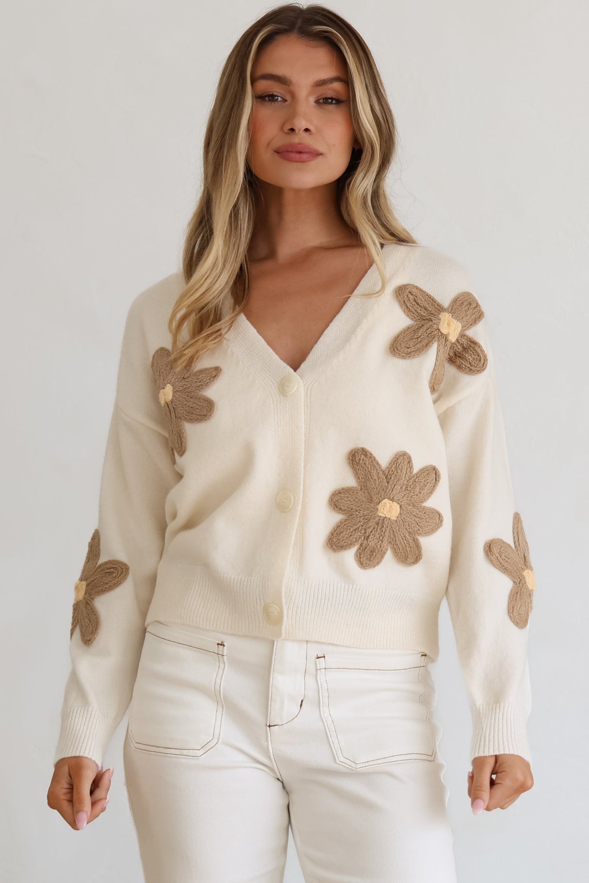 Pippa Cardigan - Cropped Thick Knit Cardigan with Flower Decals in Beige