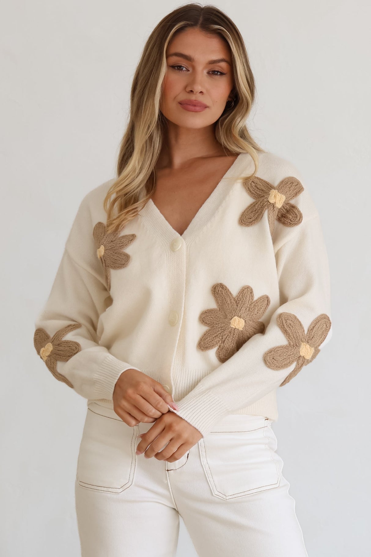 Pippa Cardigan - Cropped Thick Knit Cardigan with Flower Decals in Beige