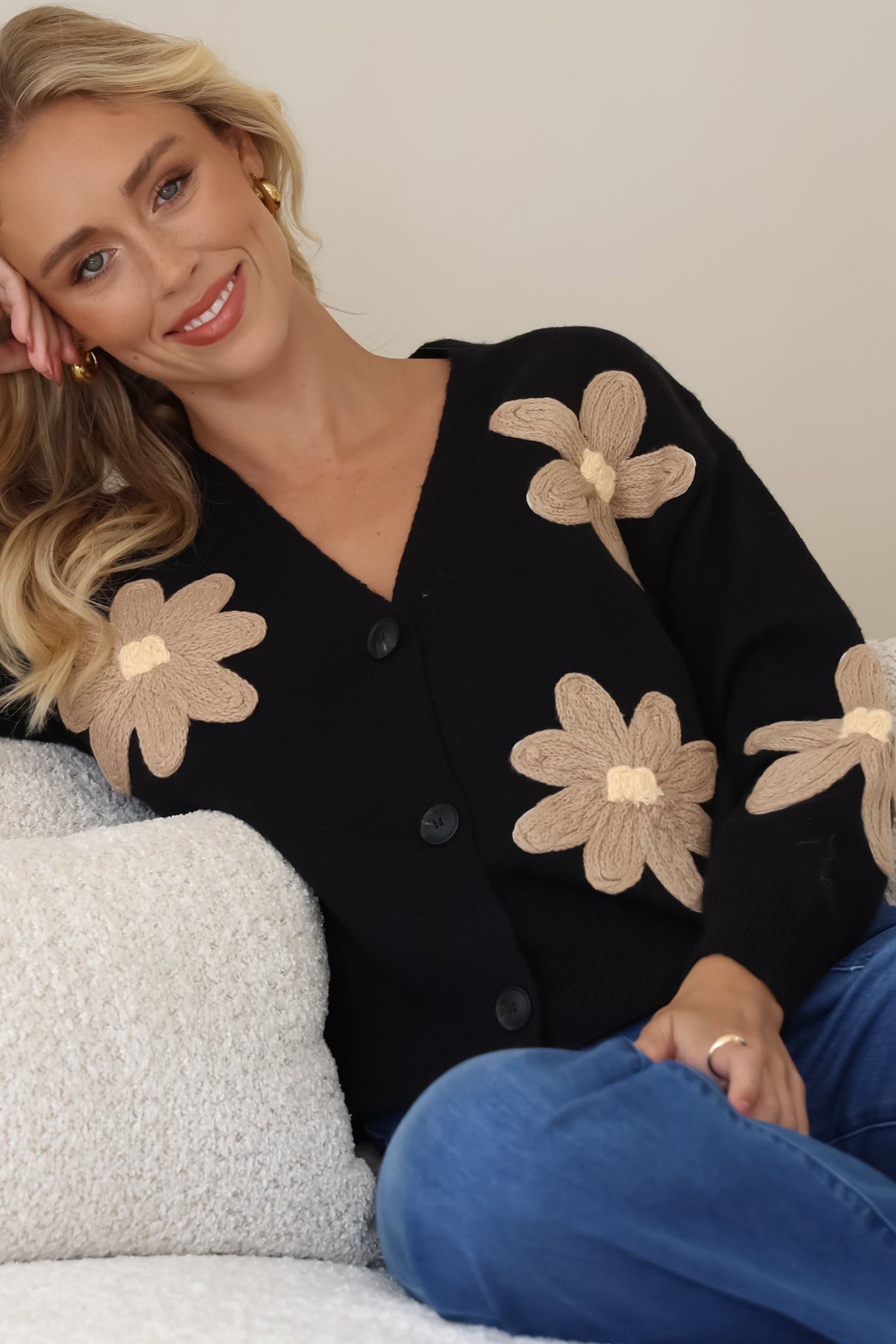 Pippa Cardigan - Cropped Thick Knit Cardigan with Flower Decals in Black