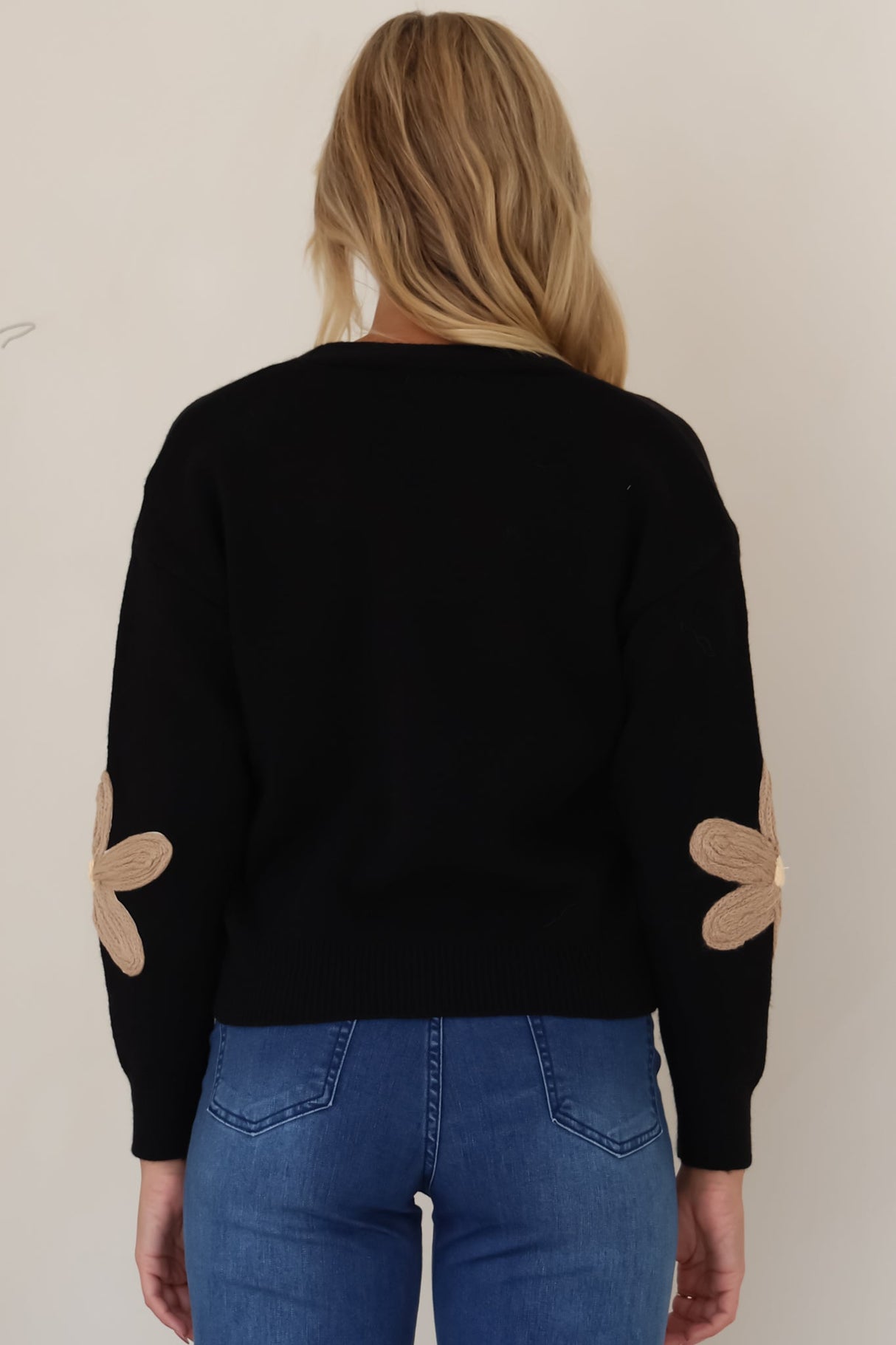 Pippa Cardigan - Cropped Thick Knit Cardigan with Flower Decals in Black