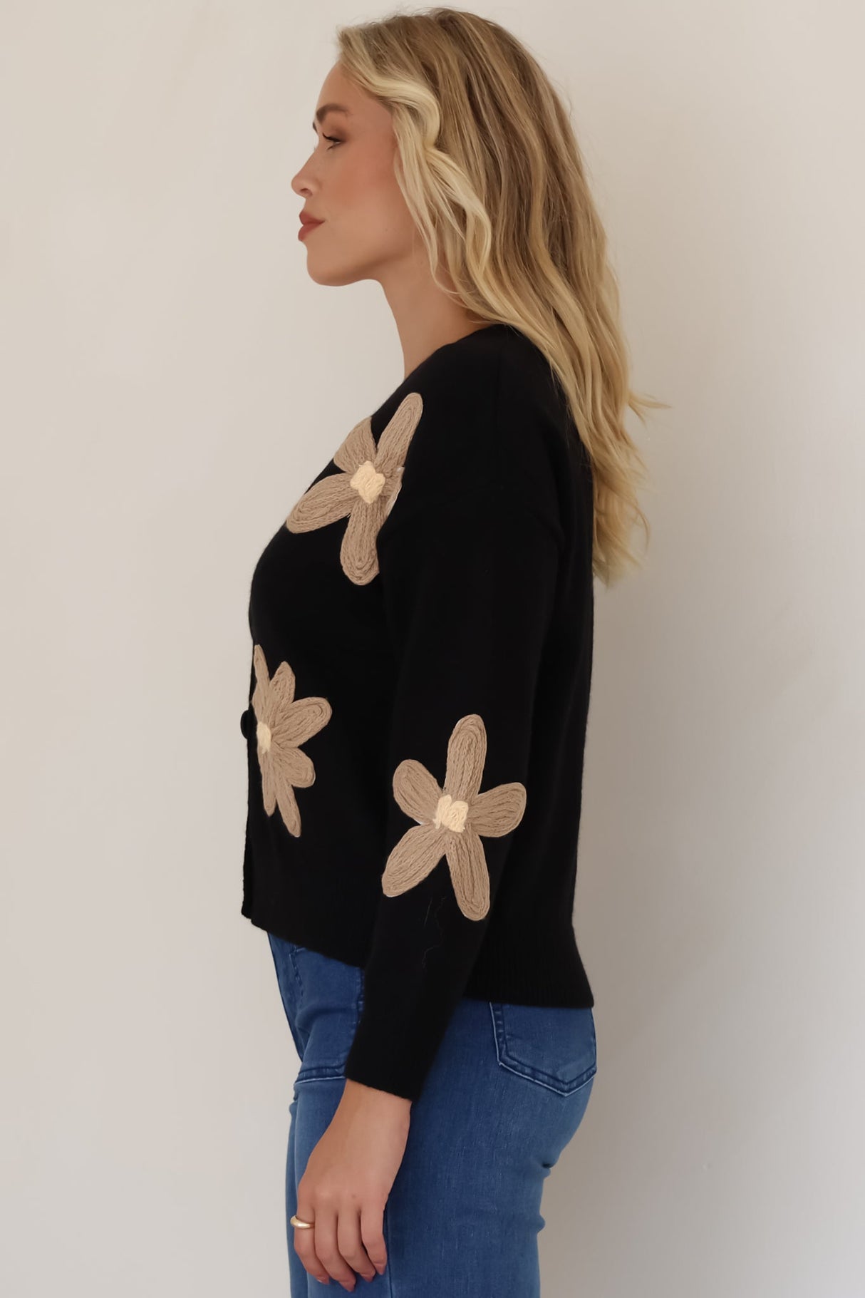 Pippa Cardigan - Cropped Thick Knit Cardigan with Flower Decals in Black