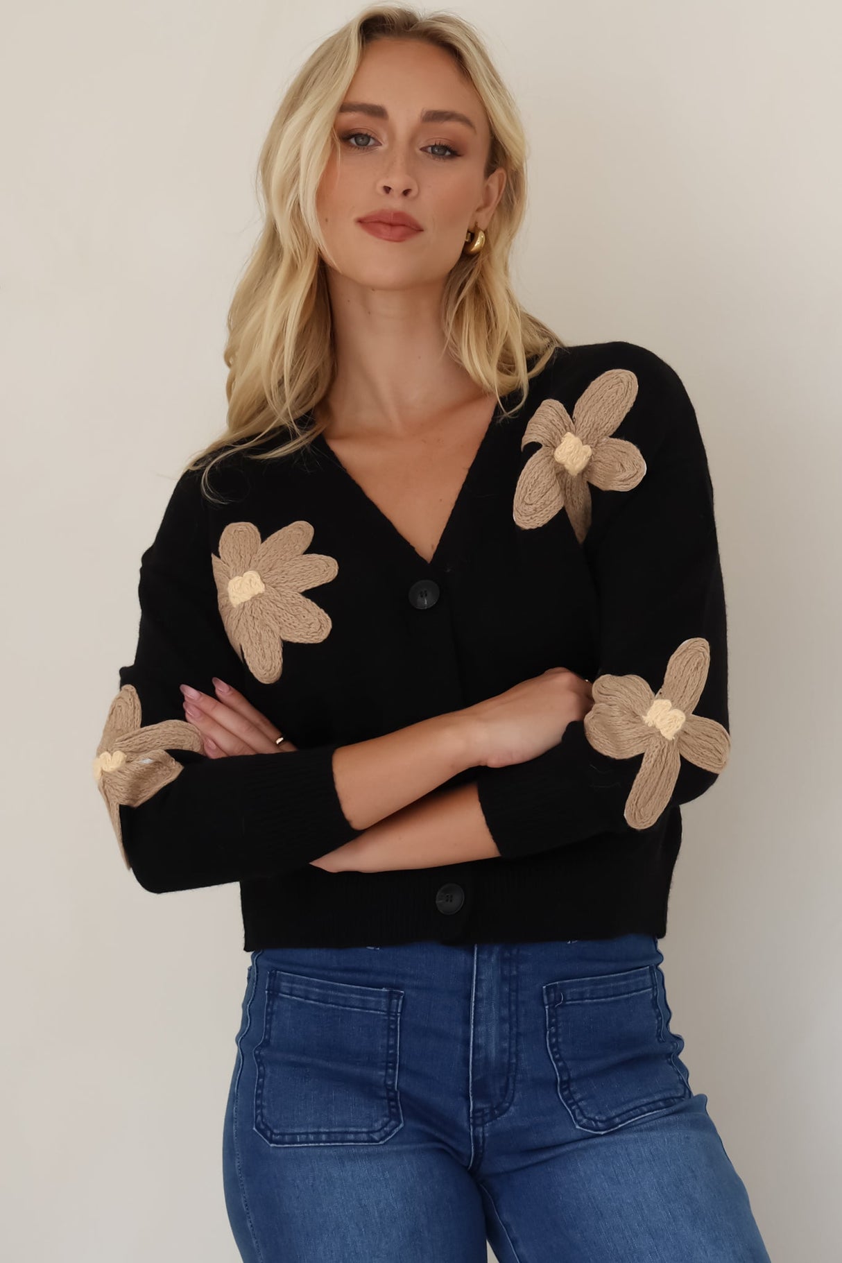 Pippa Cardigan - Cropped Thick Knit Cardigan with Flower Decals in Black