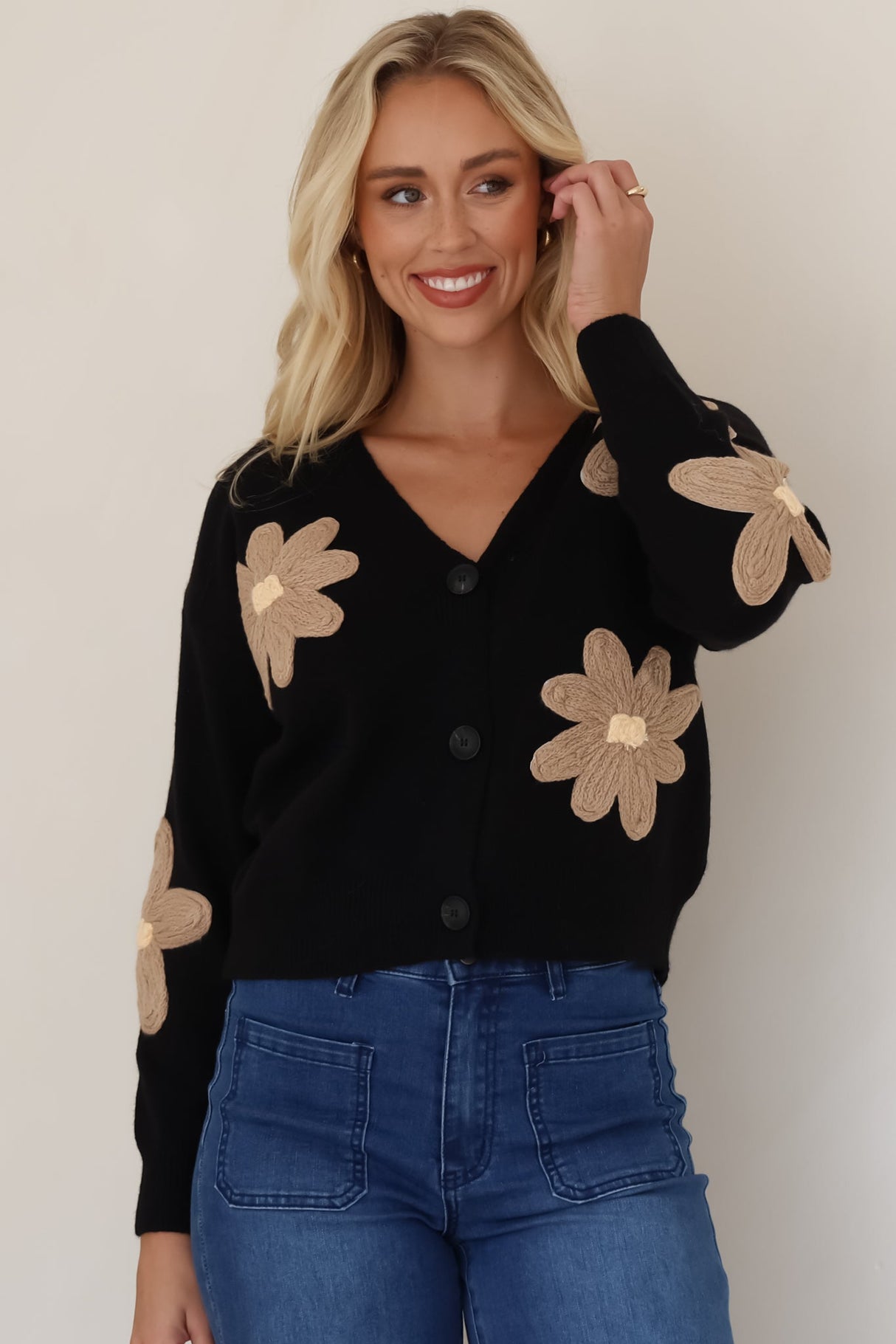 Pippa Cardigan - Cropped Thick Knit Cardigan with Flower Decals in Black