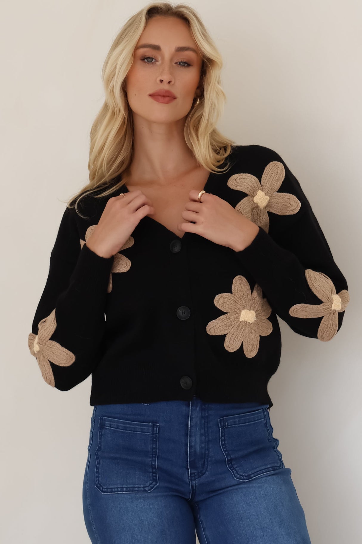 Pippa Cardigan - Cropped Thick Knit Cardigan with Flower Decals in Black
