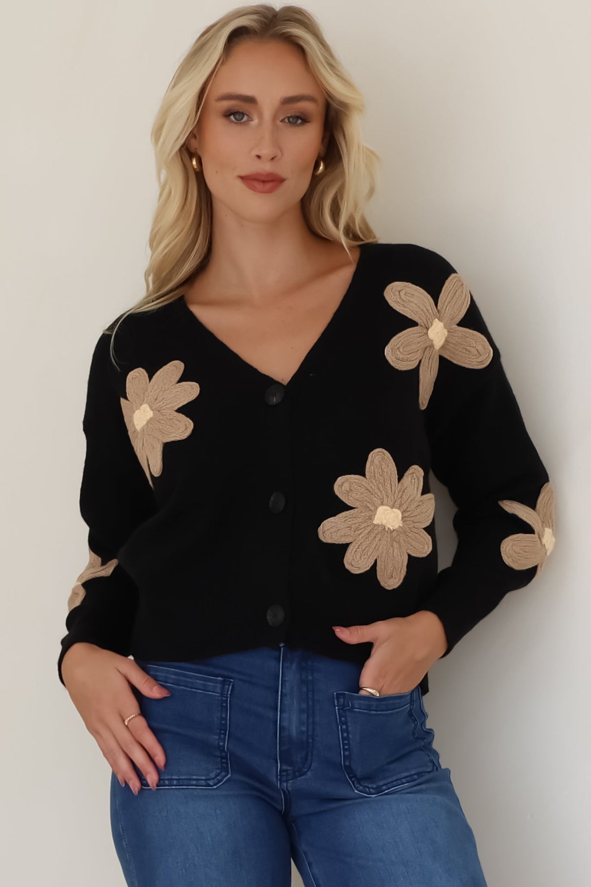 Pippa Cardigan - Cropped Thick Knit Cardigan with Flower Decals in Black
