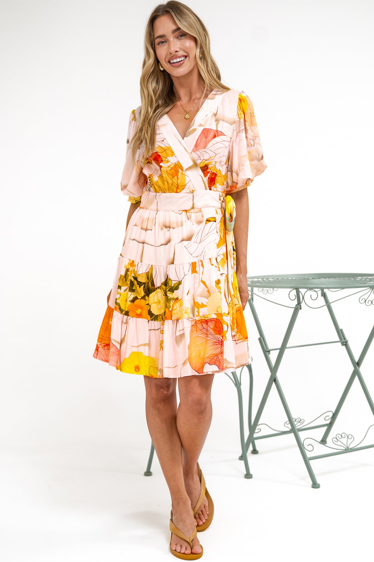 Pippa Mini Dress - V-Neck Wrap Dress with Short Balloon Sleeves in Gazania Print