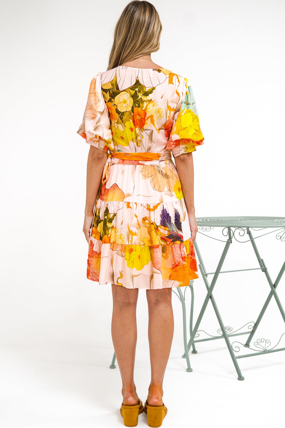 Pippa Mini Dress - V-Neck Wrap Dress with Short Balloon Sleeves in Gazania Print