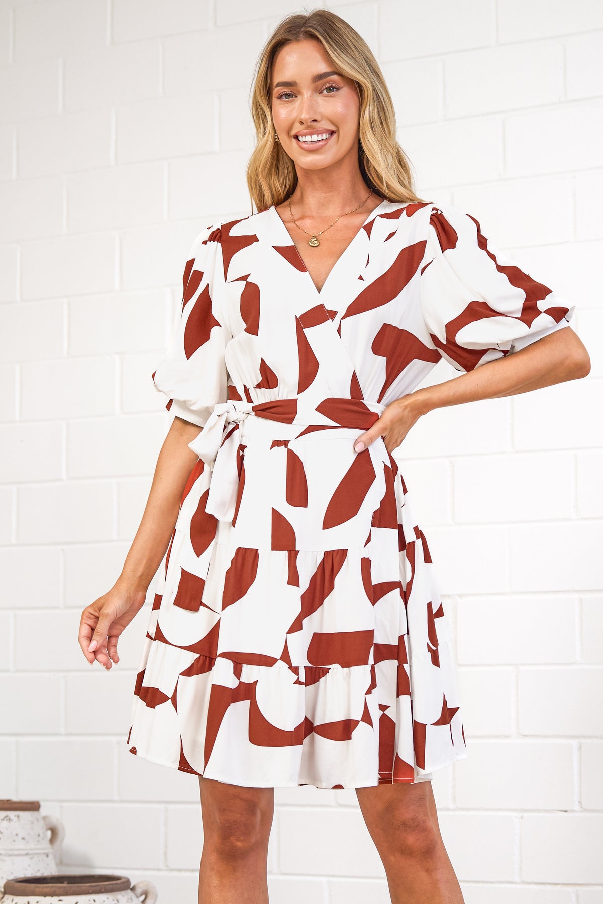 Pippa Mini Dress - V-Neck Wrap Dress with Short Balloon Sleeves in Oasis Print