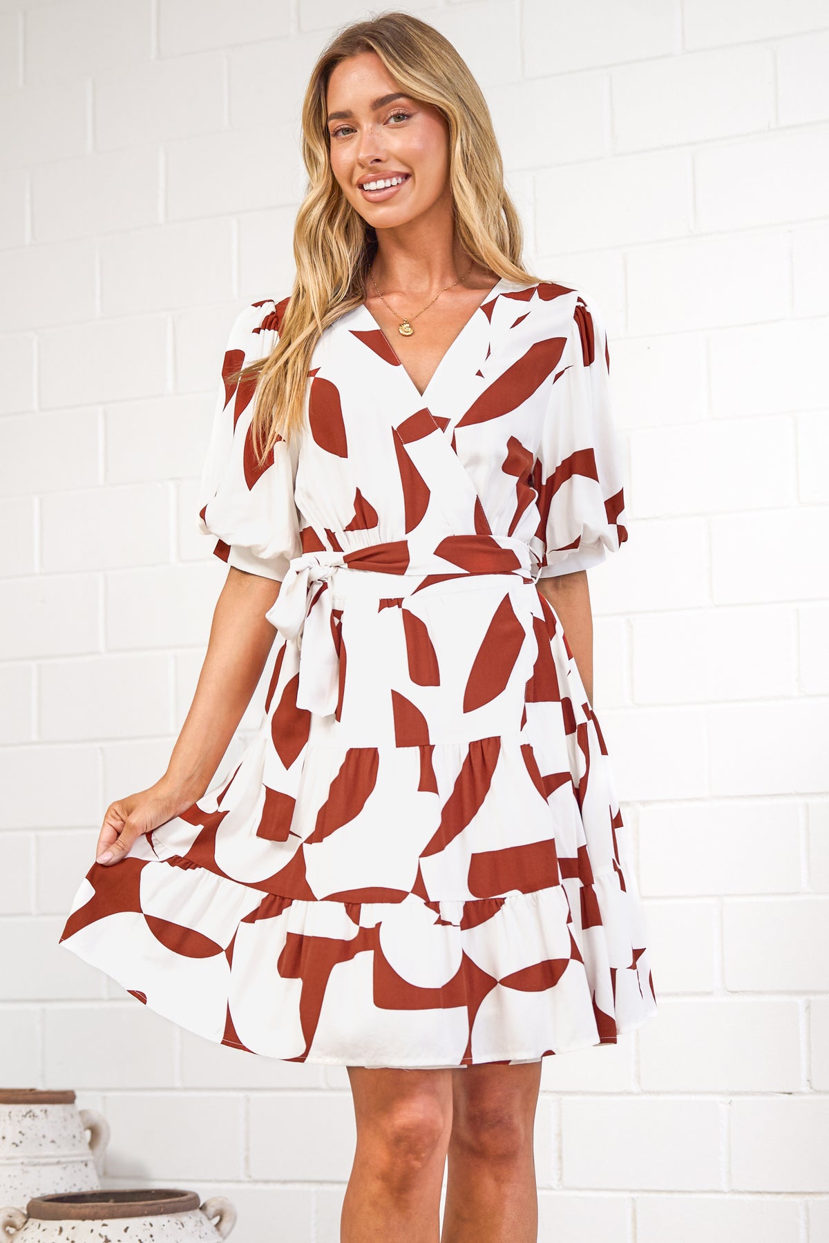 Pippa Mini Dress - V-Neck Wrap Dress with Short Balloon Sleeves in Oasis Print