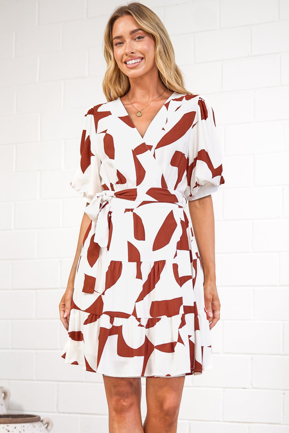 Pippa Mini Dress - V-Neck Wrap Dress with Short Balloon Sleeves in Oasis Print