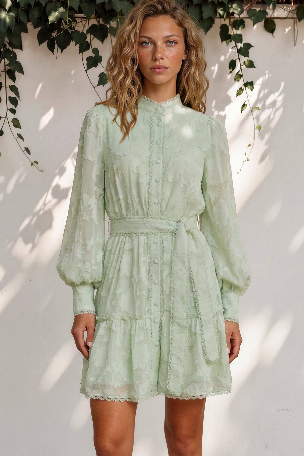 Woman wearing a light green dress standing against a white wall with foliage.