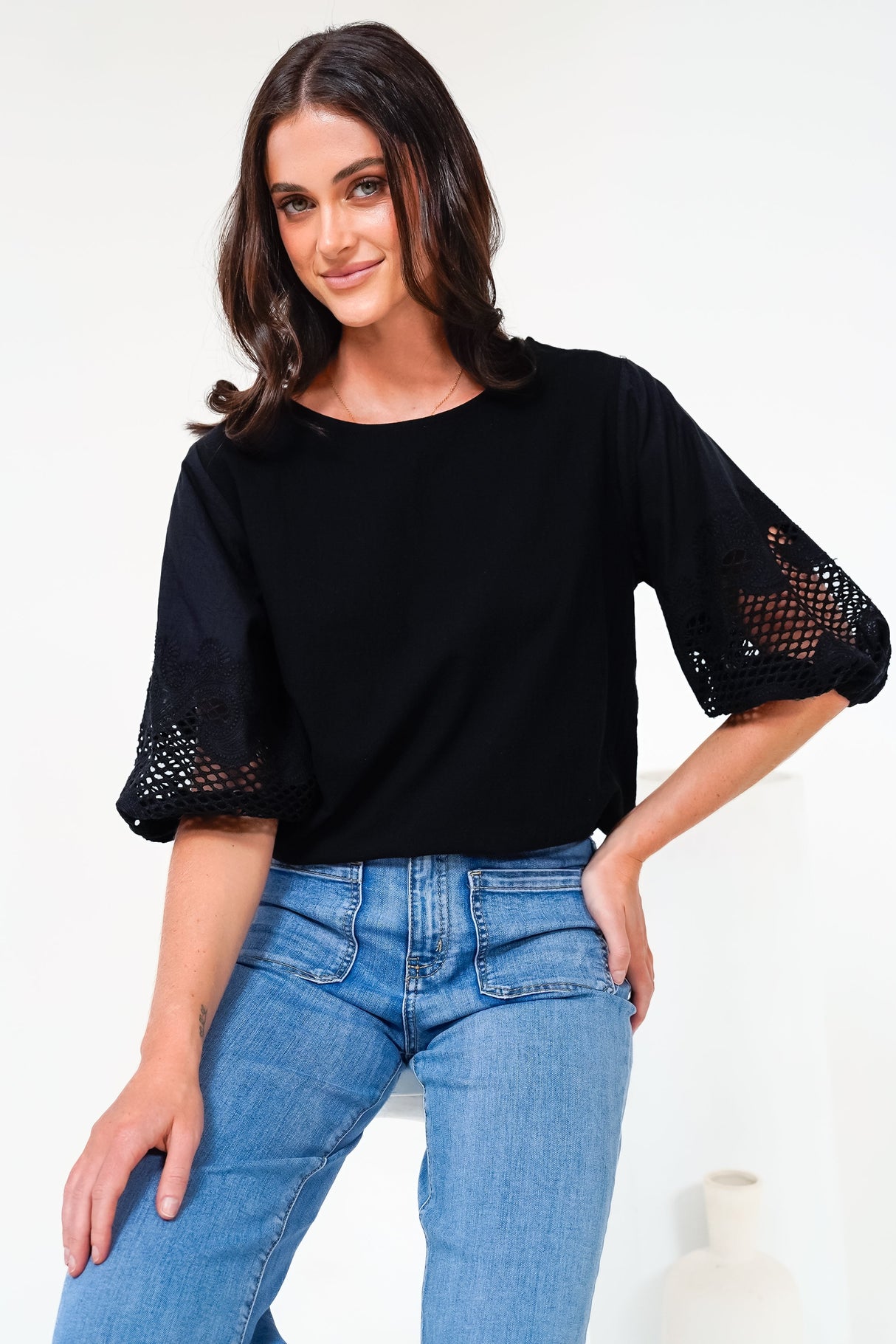 Polly Top - Round Neck Relaxed Top with Cut Out Detailed Balloon Sleeves in Black