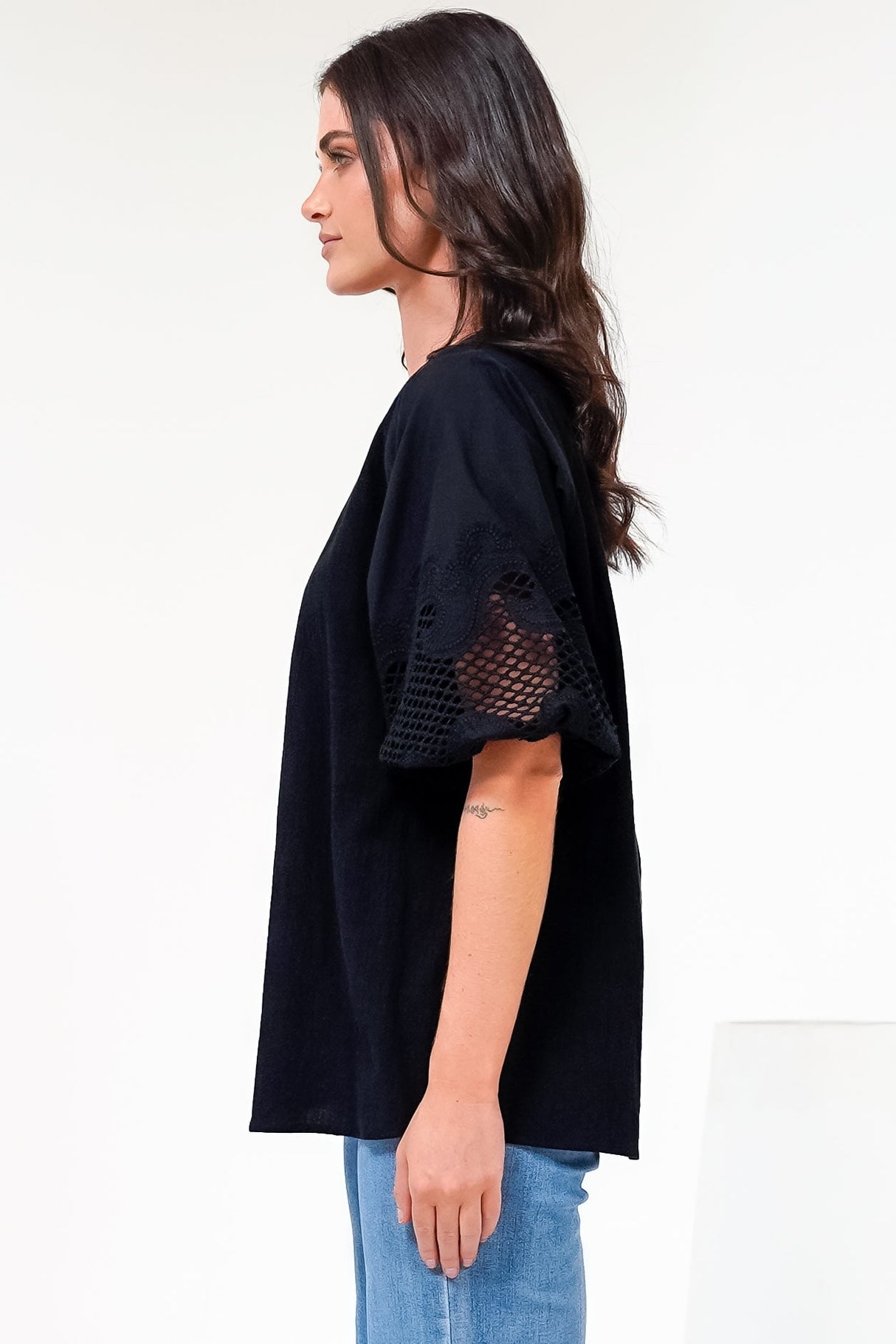 Polly Top - Round Neck Relaxed Top with Cut Out Detailed Balloon Sleeves in Black