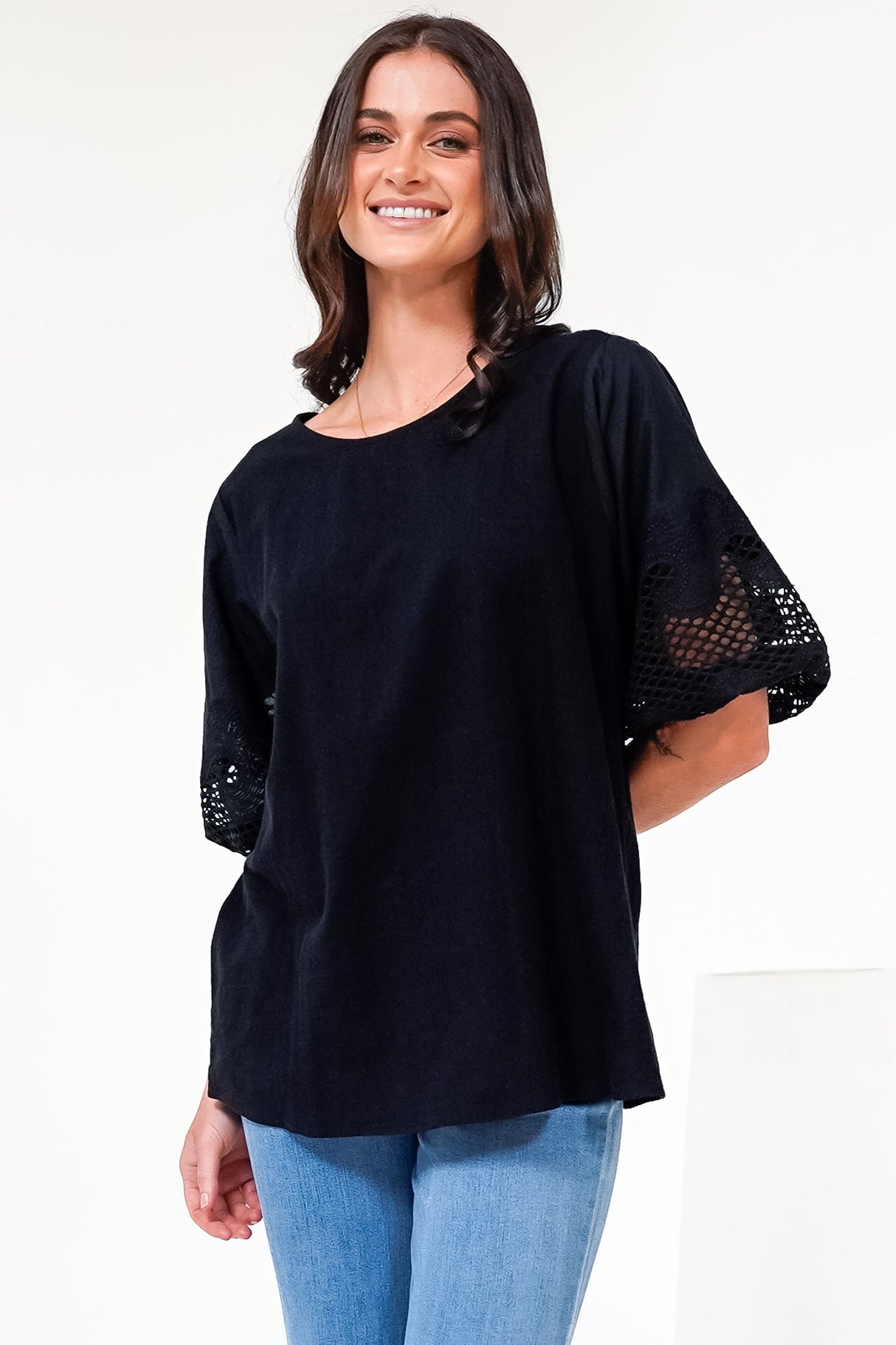 Polly Top - Round Neck Relaxed Top with Cut Out Detailed Balloon Sleeves in Black