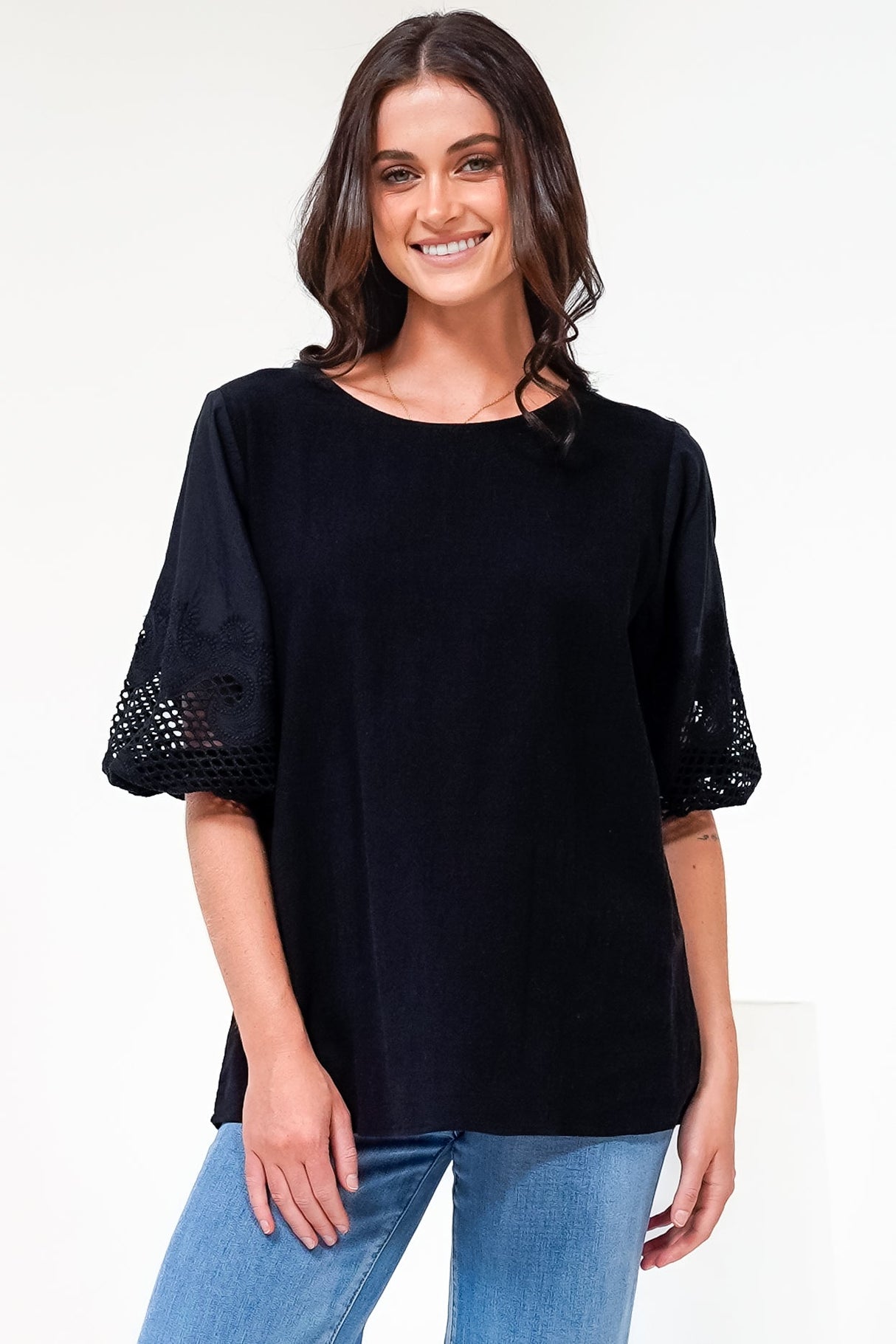 Polly Top - Round Neck Relaxed Top with Cut Out Detailed Balloon Sleeves in Black