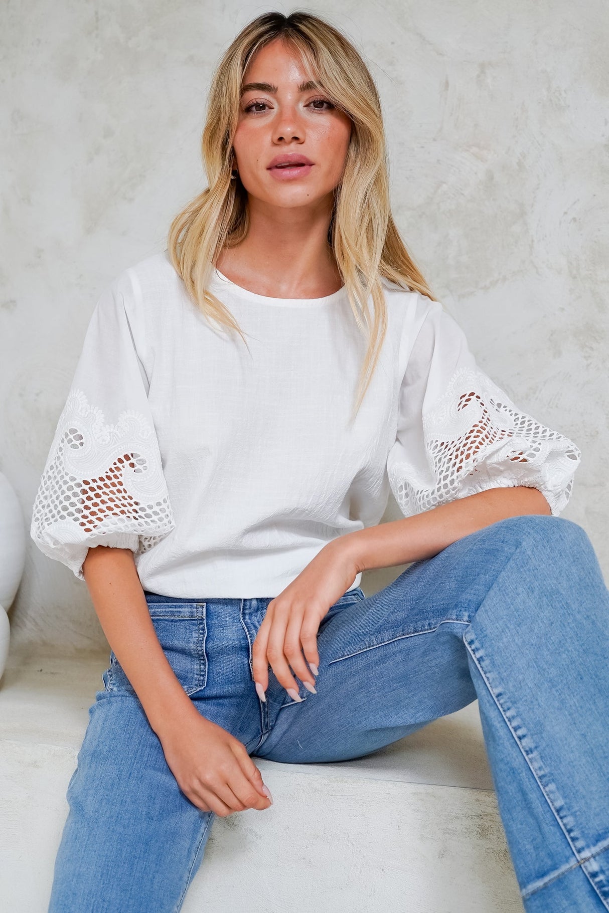 Polly Top - Round Neck Relaxed Top with Cut Out Detailed Balloon Sleeves in White