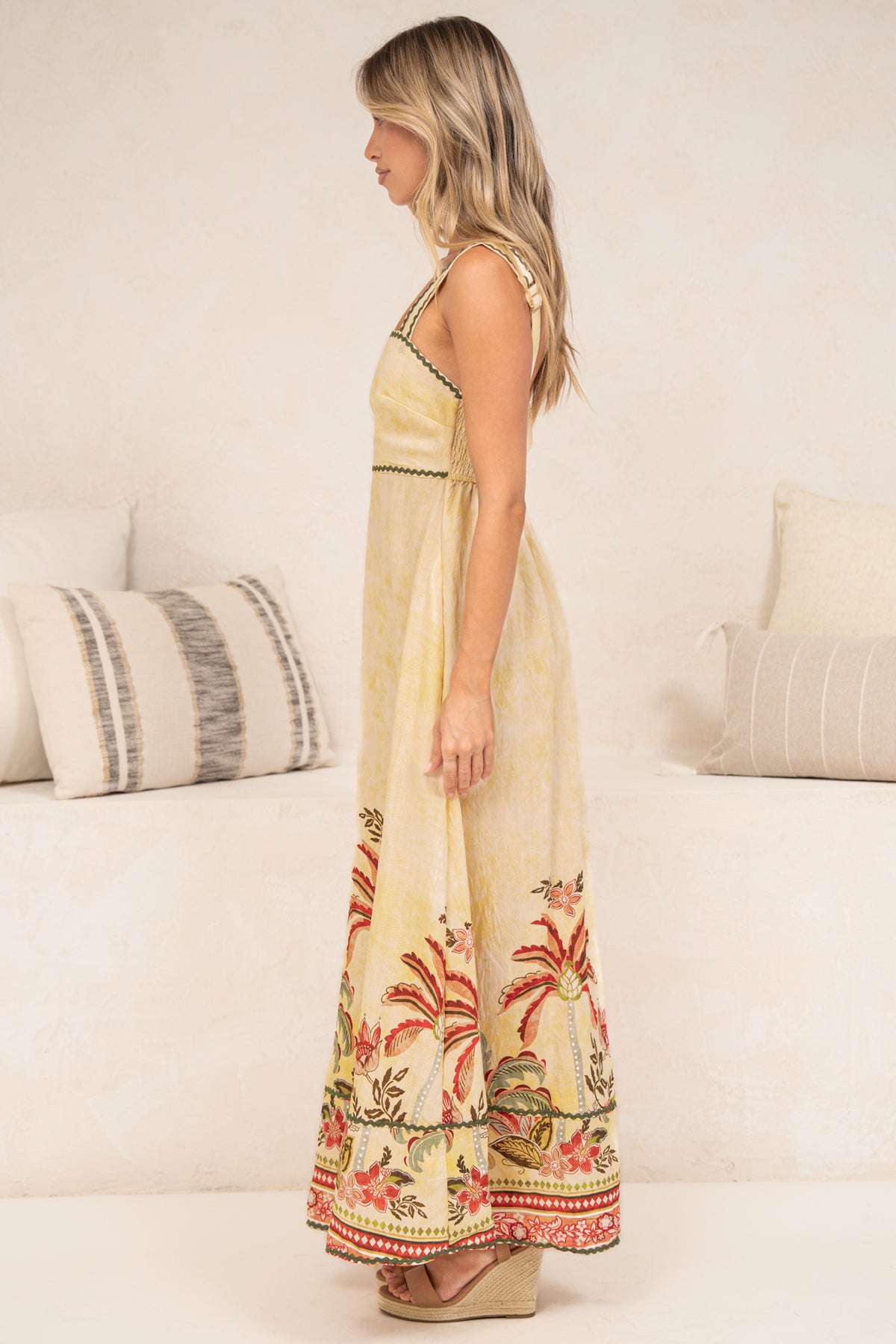 Poppy Maxi Dress - Thick Strap A-Line Sun Dress with Ric Rac Trims in Palmina Print