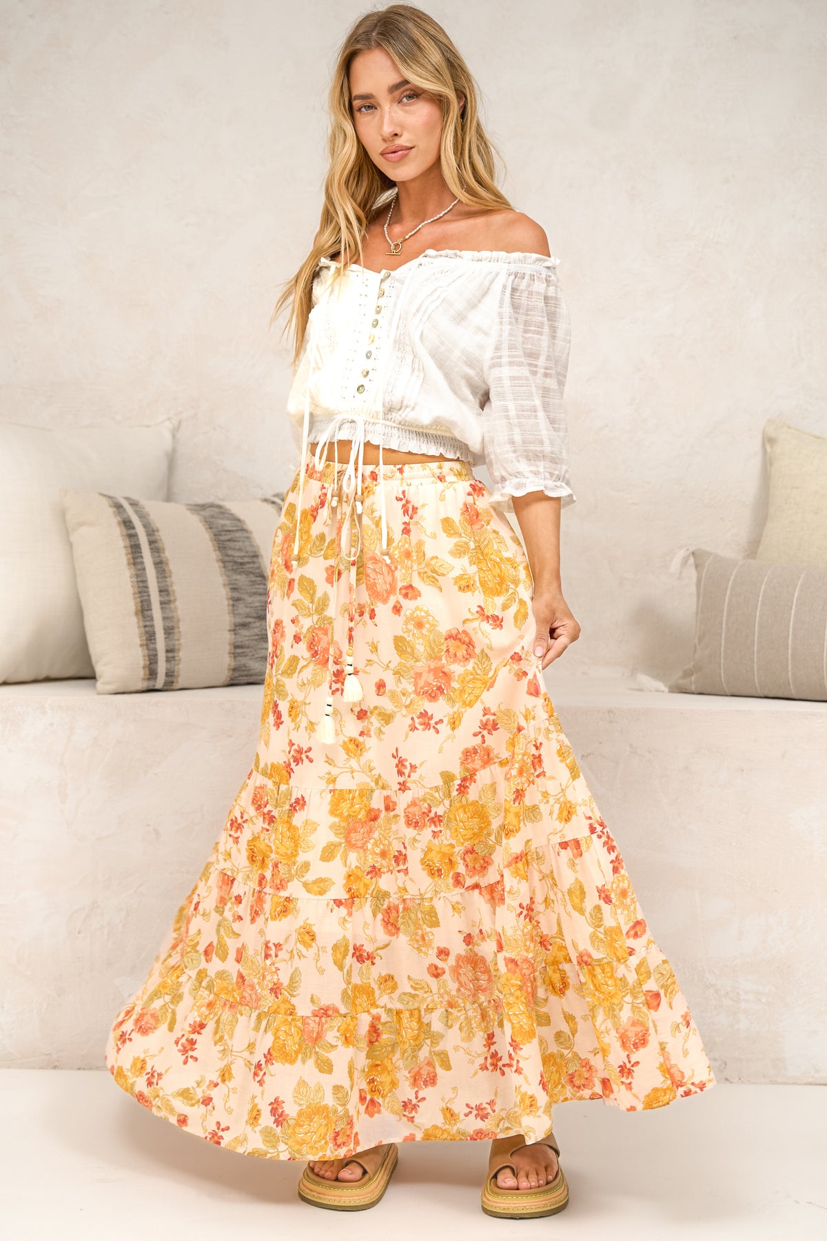 Poppy Maxi Skirt - High Waisted Tiered Skirt with Tassel Waist Tie in Alynda Print
