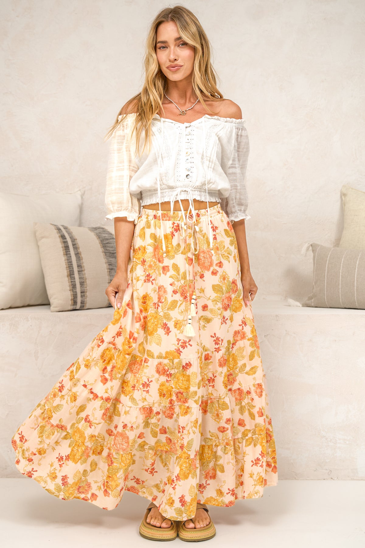 Poppy Maxi Skirt - High Waisted Tiered Skirt with Tassel Waist Tie in Alynda Print