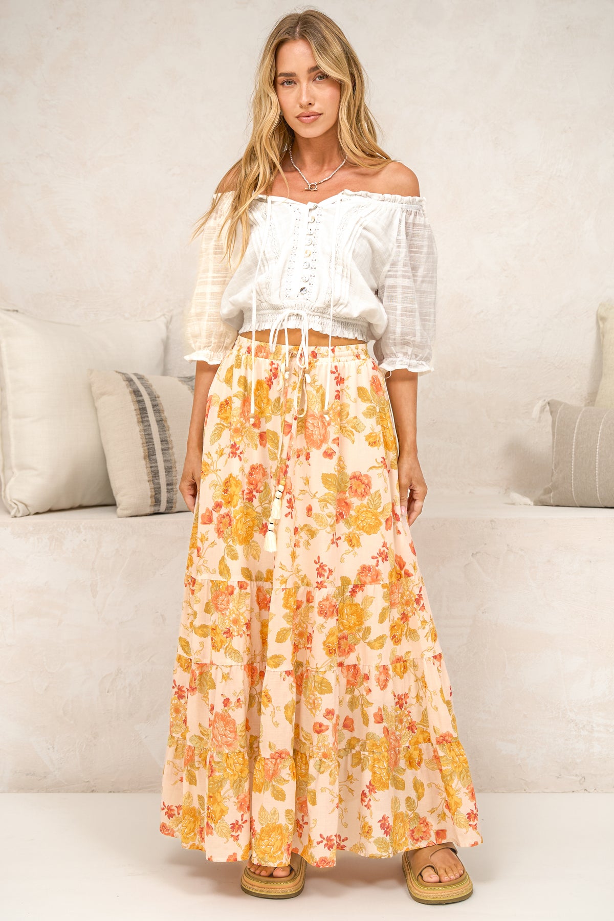 Poppy Maxi Skirt - High Waisted Tiered Skirt with Tassel Waist Tie in Alynda Print