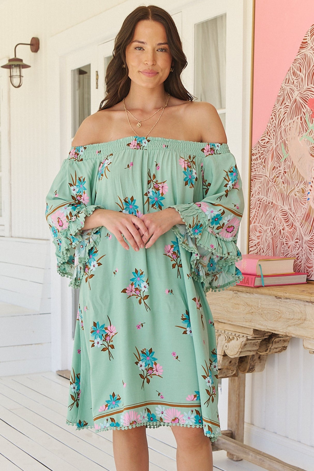 Poppy Mini Dress - Elasticated Off the Shoulder Crochet Trim Sleeves Dress in Maribel Print