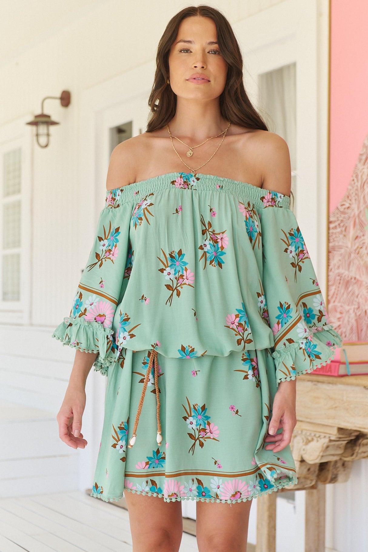 Poppy Mini Dress - Elasticated Off the Shoulder Crochet Trim Sleeves Dress in Maribel Print