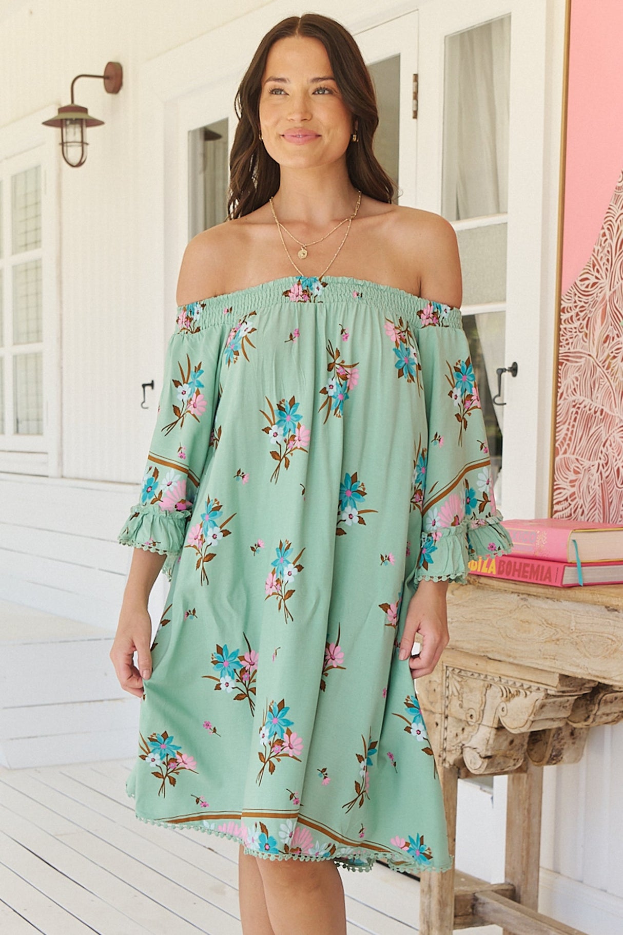 Poppy Mini Dress - Elasticated Off the Shoulder Crochet Trim Sleeves Dress in Maribel Print